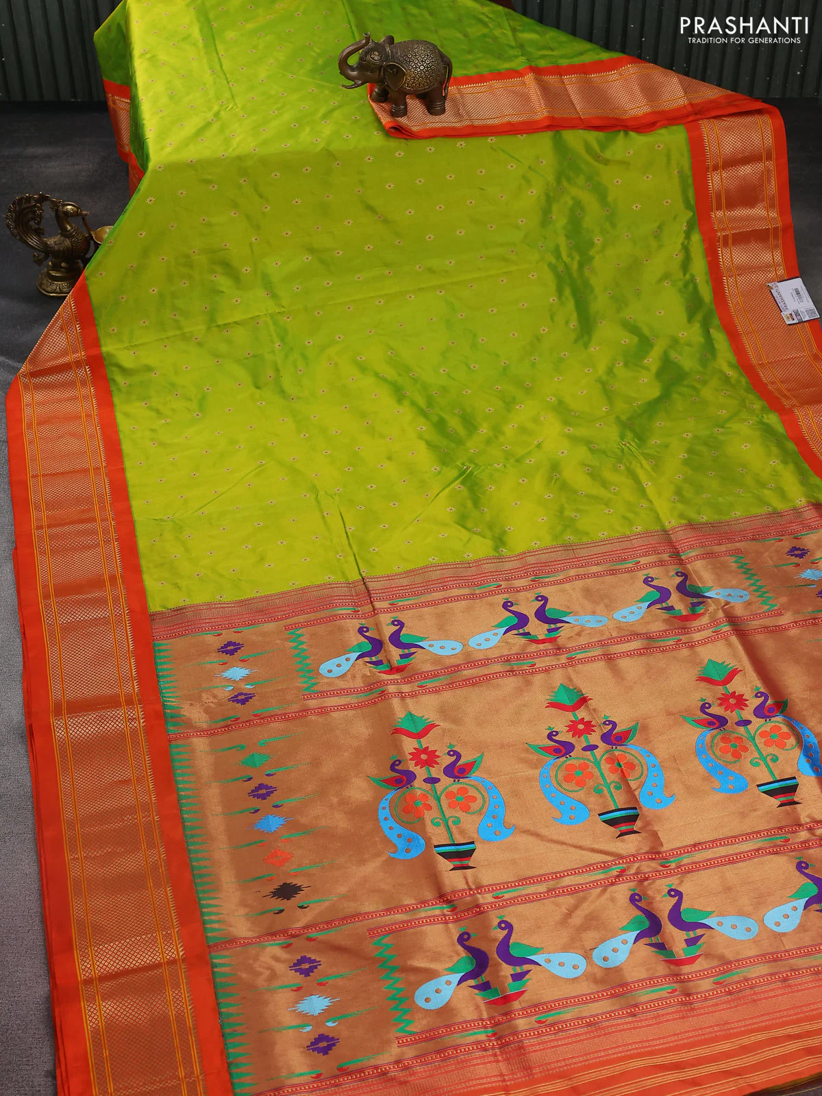 Pure paithani silk saree fluorescent green and orange with zari woven buttas and zari woven korvai border - Image 2