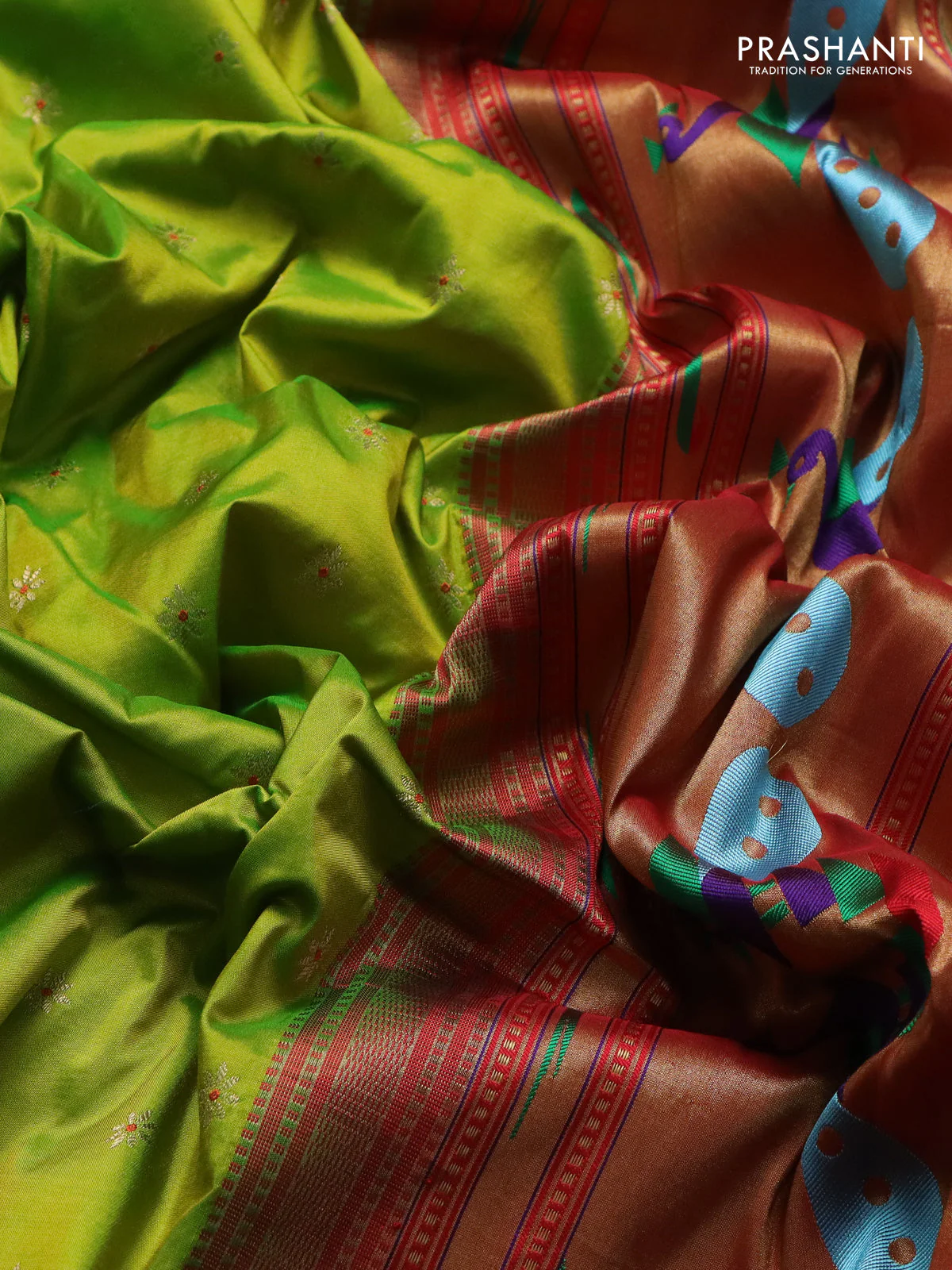 Pure paithani silk saree fluorescent green and orange with zari woven buttas and zari woven korvai border - Image 3