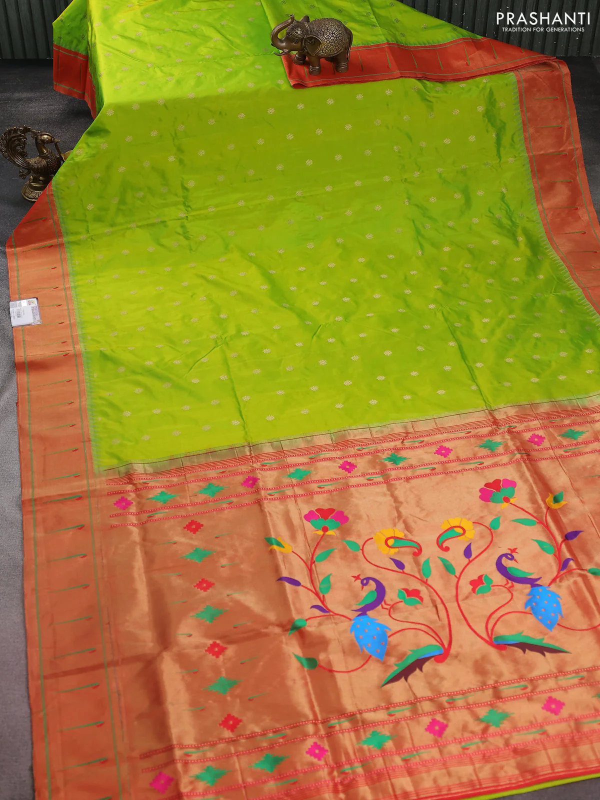 Pure paithani silk saree fluorescent green and red with zari woven buttas and muniya butta border - Image 2
