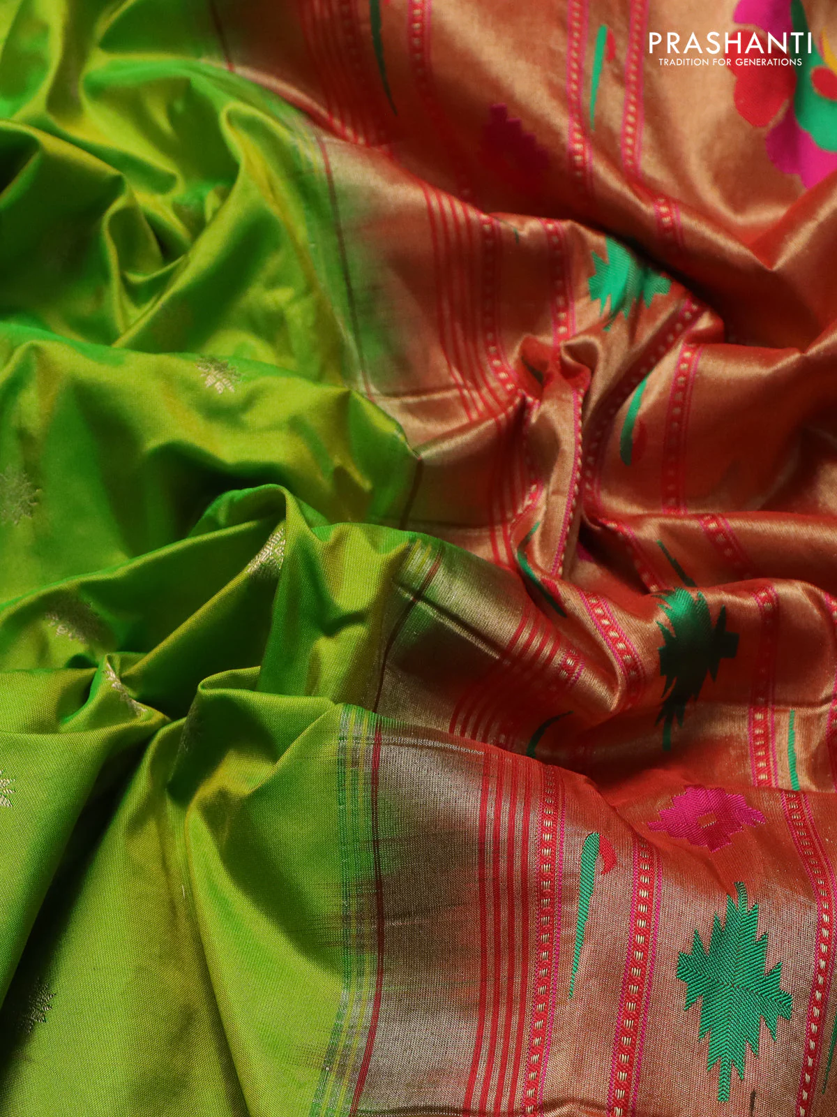 Pure paithani silk saree fluorescent green and red with zari woven buttas and muniya butta border - Image 3