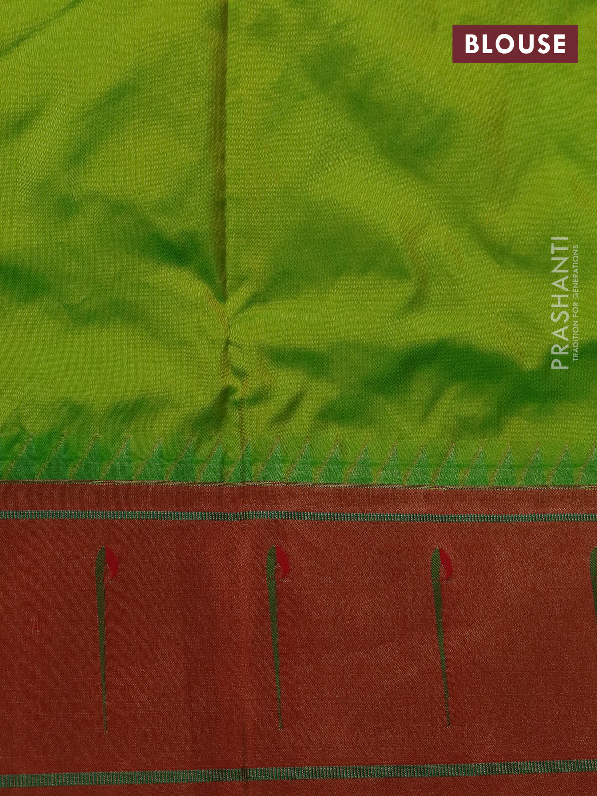 Pure paithani silk saree fluorescent green and red with zari woven buttas and muniya butta border - Image 4