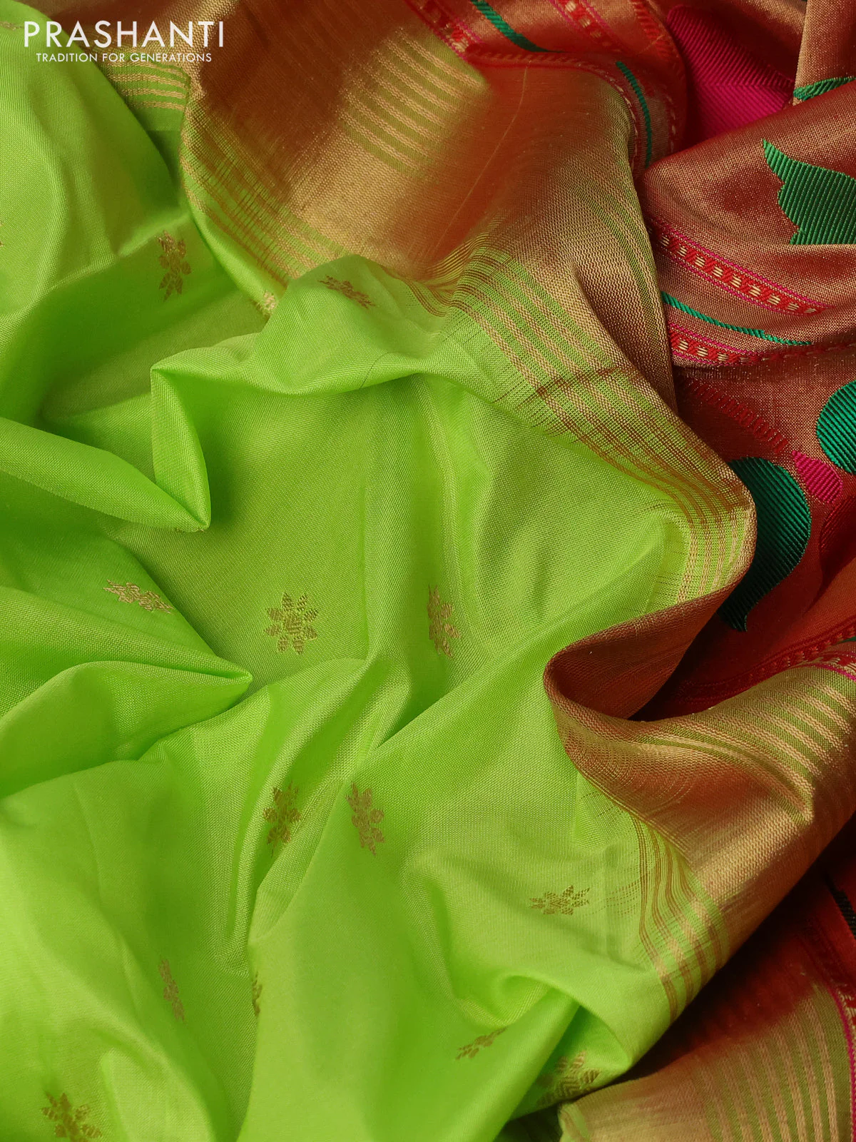 Pure paithani silk saree fluorescent green and reddish pink with allover zari woven buttas and paithani weaving pallu - Image 3