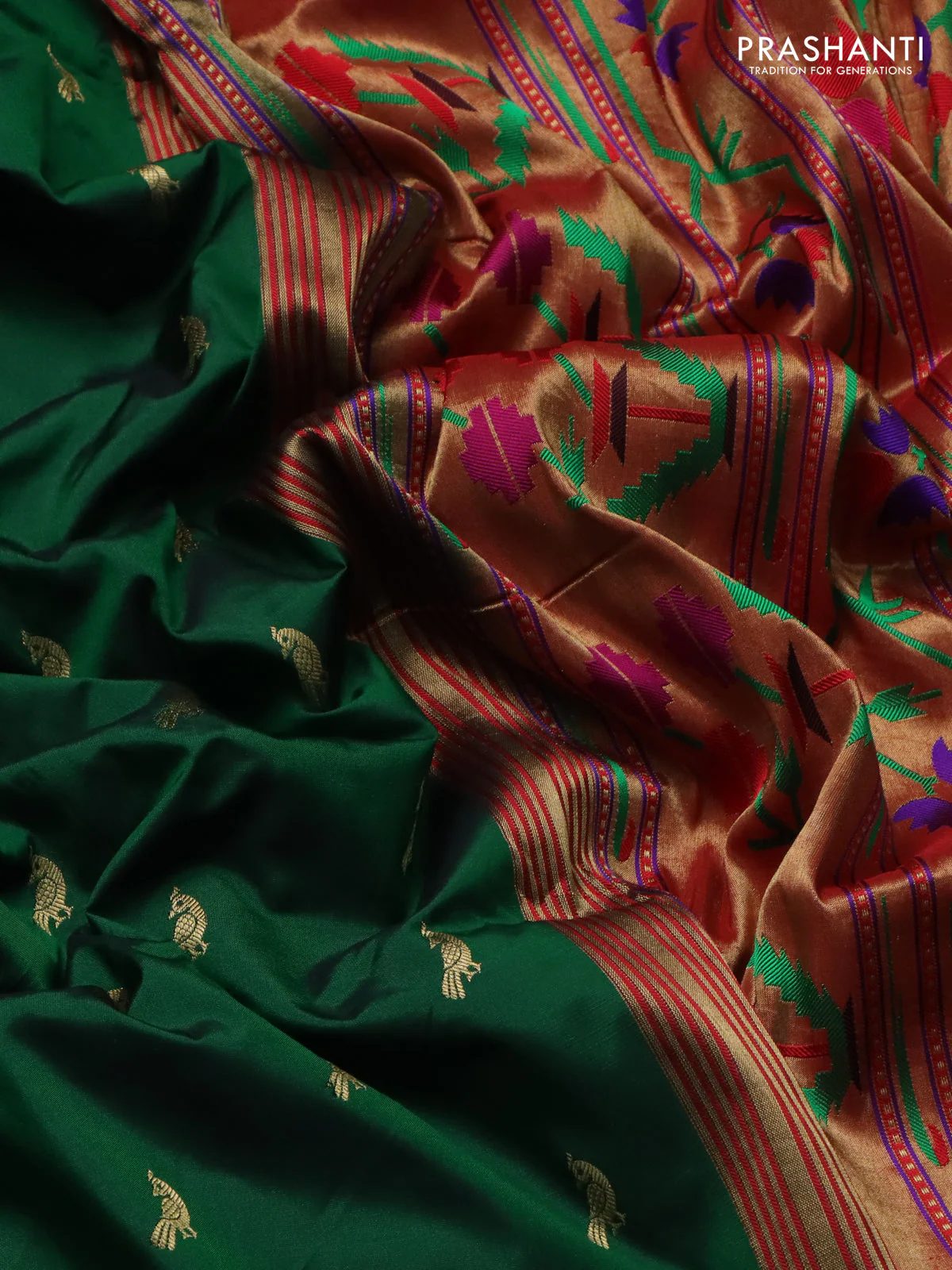 Pure paithani silk saree gree and red with allover peacock zari woven buttas and zari woven muniya butta border - Image 3
