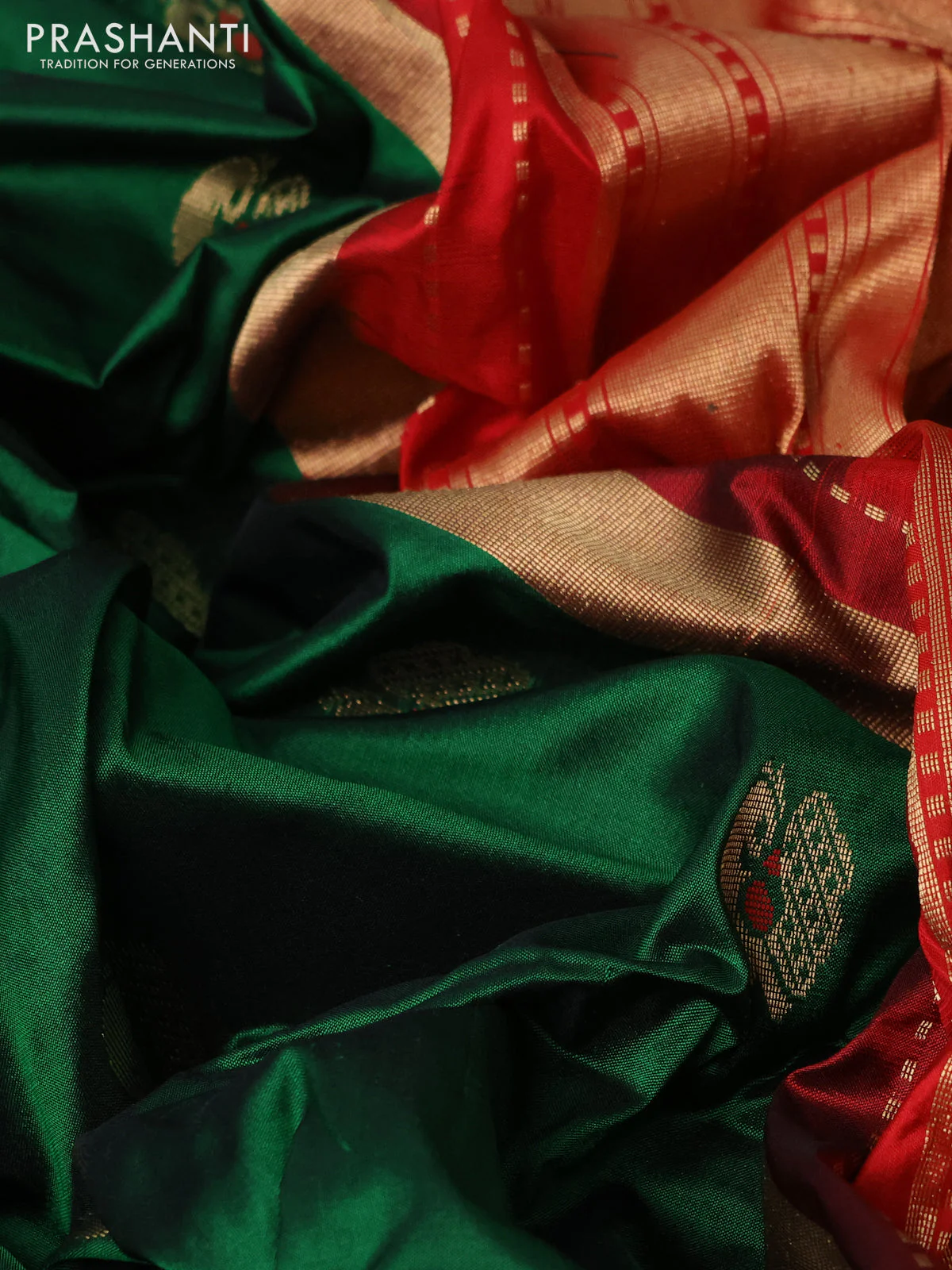Pure paithani silk saree green and red with allover annam zari woven buttas and paithani weaving pallu - Image 3