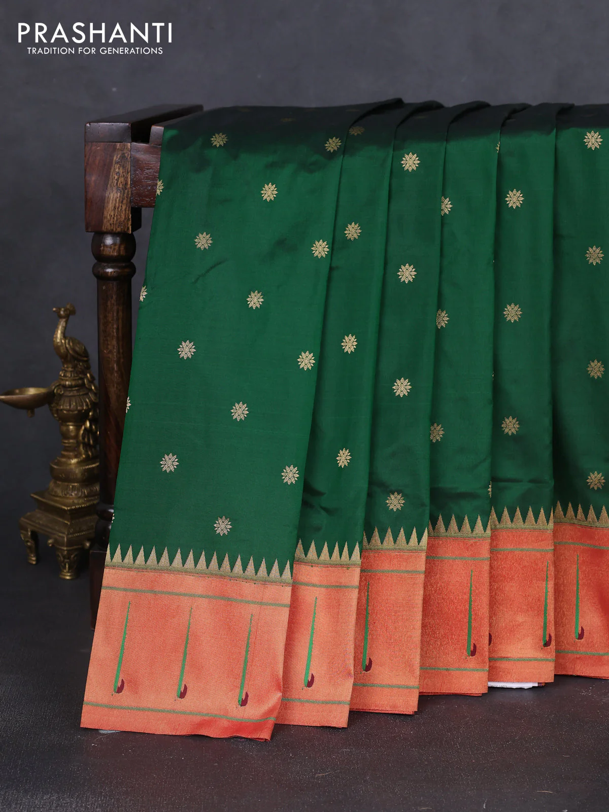 Pure paithani silk saree green and red with allover zari woven buttas and zari woven muniya butta border