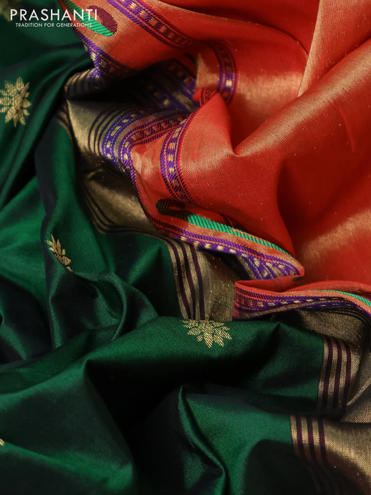 Pure paithani silk saree green and red with allover zari woven buttas and zari woven muniya butta border - Image 3