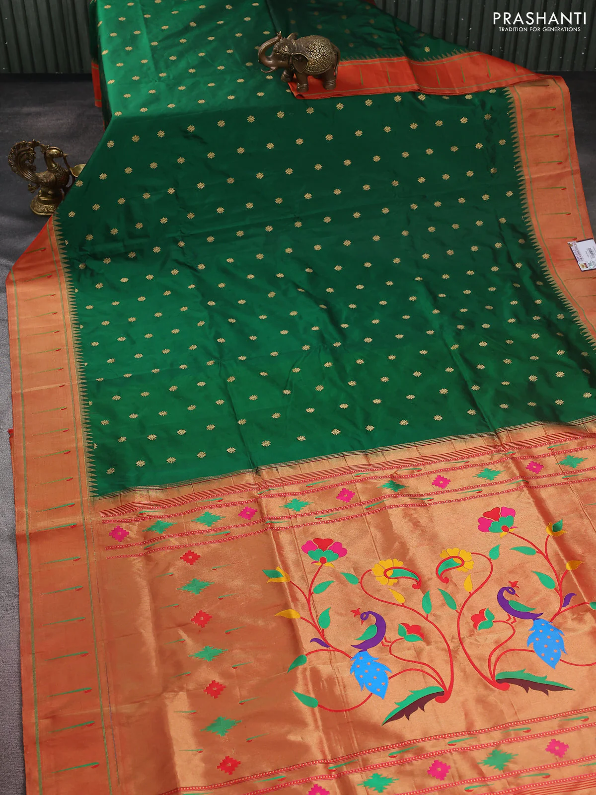 Pure paithani silk saree green and red with zari woven buttas and muniya butta border - Image 2