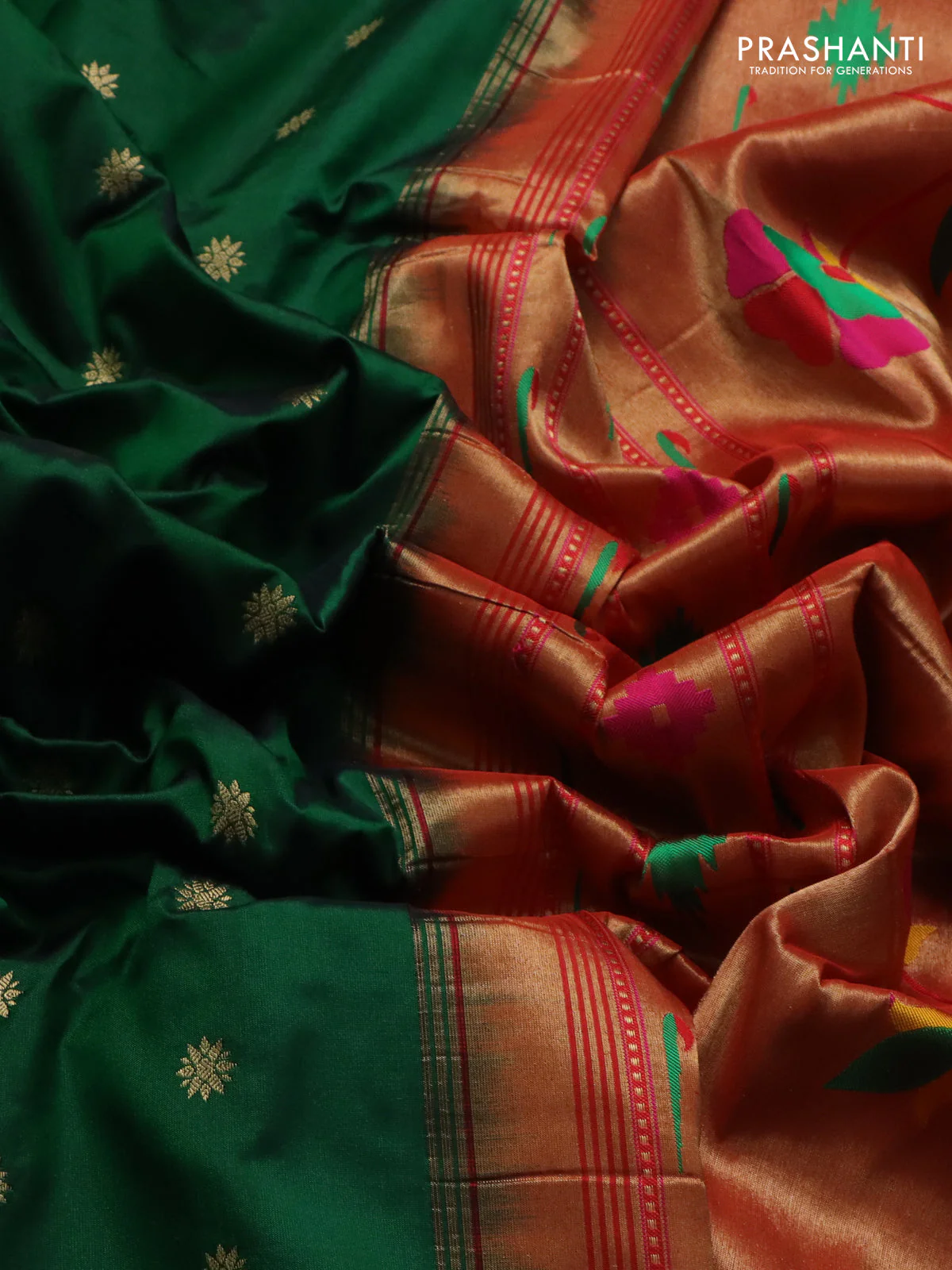 Pure paithani silk saree green and red with zari woven buttas and muniya butta border - Image 3