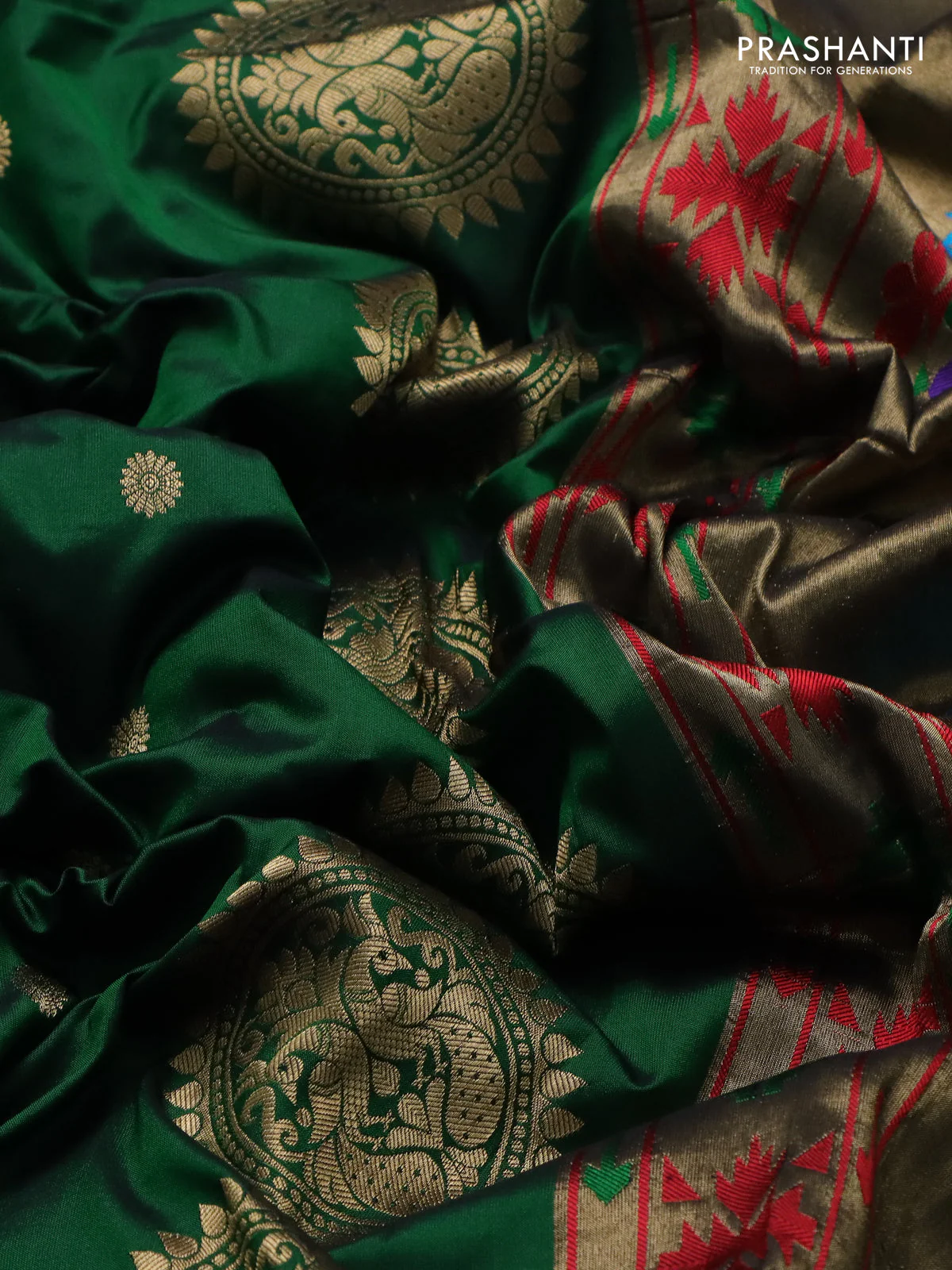 Pure paithani silk saree green with zari woven buttas and zari woven border - Image 3