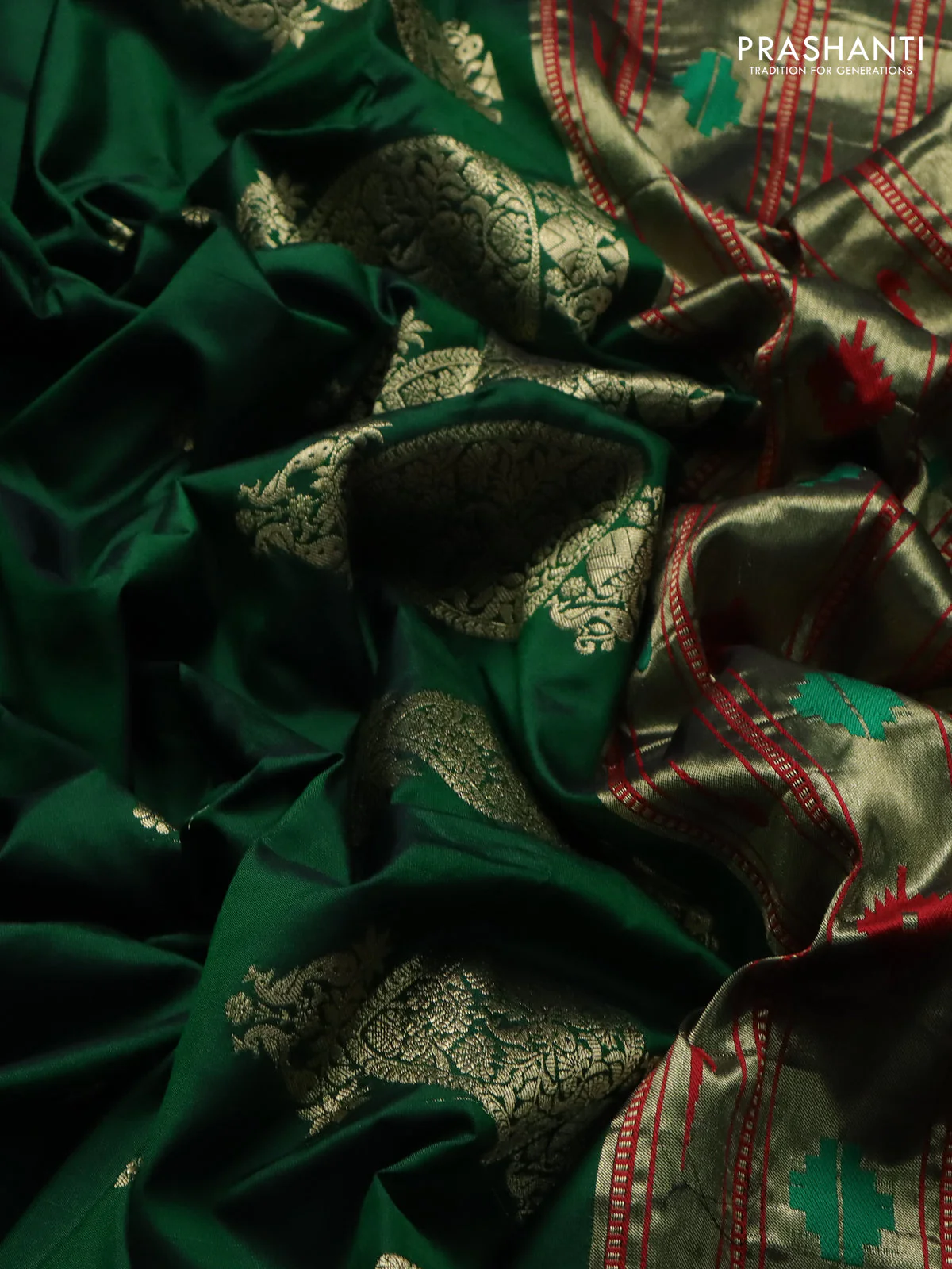 Pure paithani silk saree green with zari woven buttas and zari woven border - Image 3