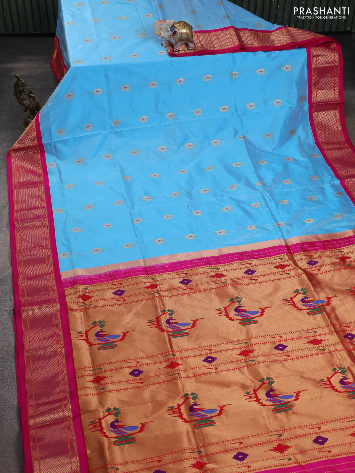 Pure paithani silk saree light blue and pink with allover annam zari woven buttas and paithani weaving pallu - Image 2