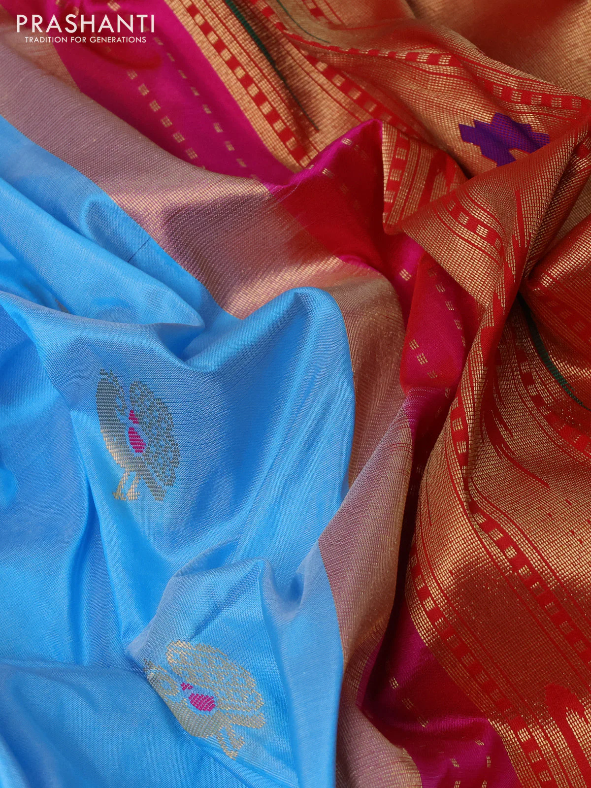 Pure paithani silk saree light blue and pink with allover annam zari woven buttas and paithani weaving pallu - Image 3