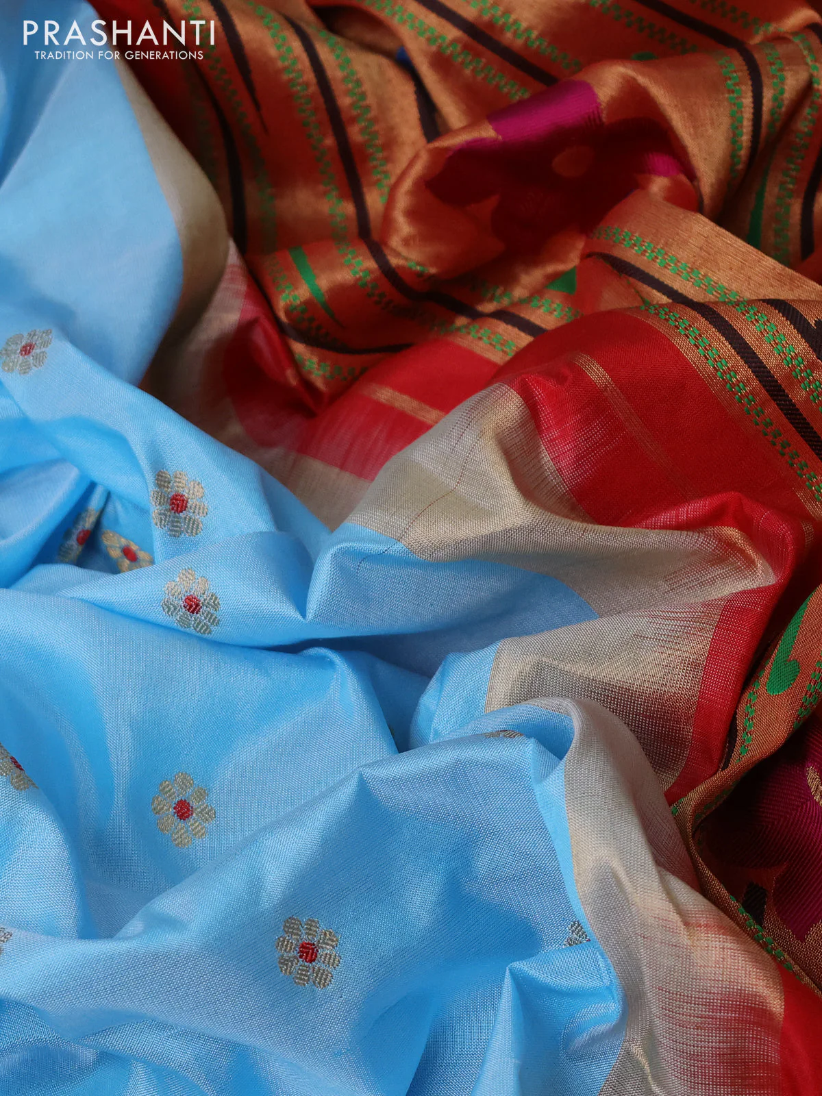 Pure paithani silk saree light blue and red with allover floral zari woven buttas and paithani weaving pallu - Image 3