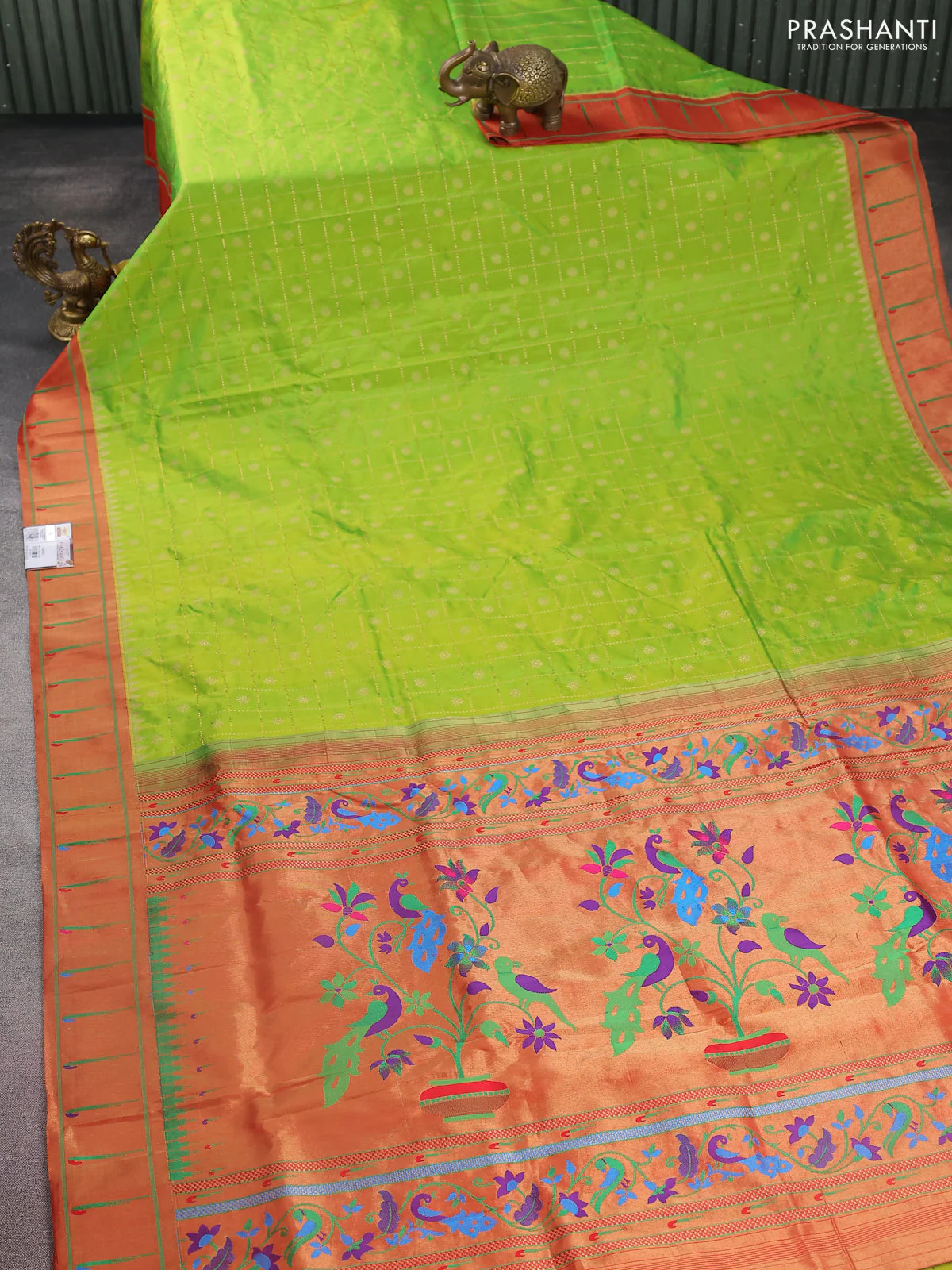 Pure paithani silk saree light green and red with allover zari checks & buttas and zari woven muniya butta border - Image 2