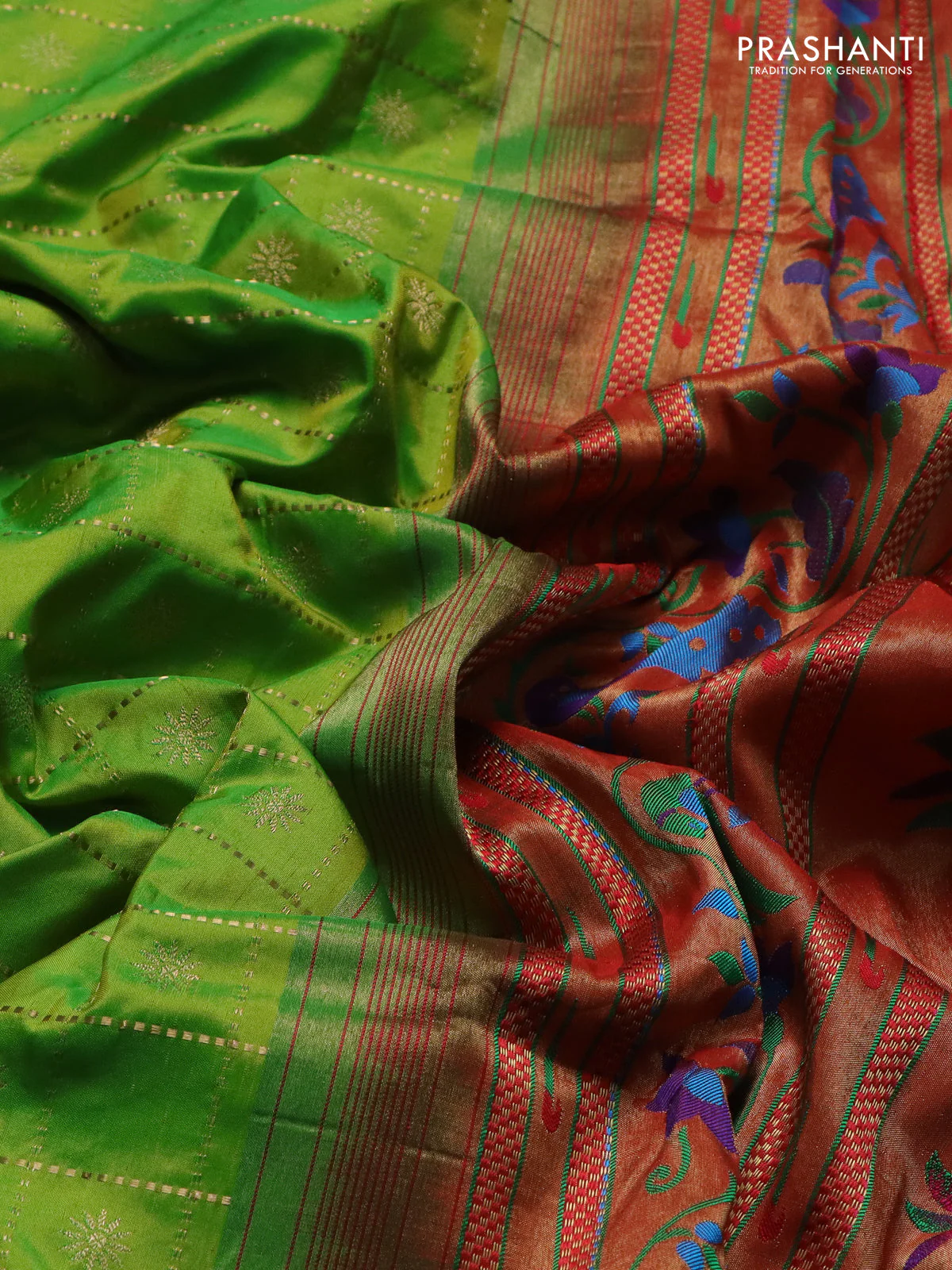 Pure paithani silk saree light green and red with allover zari checks & buttas and zari woven muniya butta border - Image 3