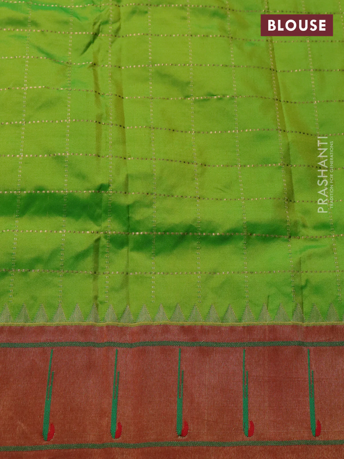 Pure paithani silk saree light green and red with allover zari checks & buttas and zari woven muniya butta border - Image 4