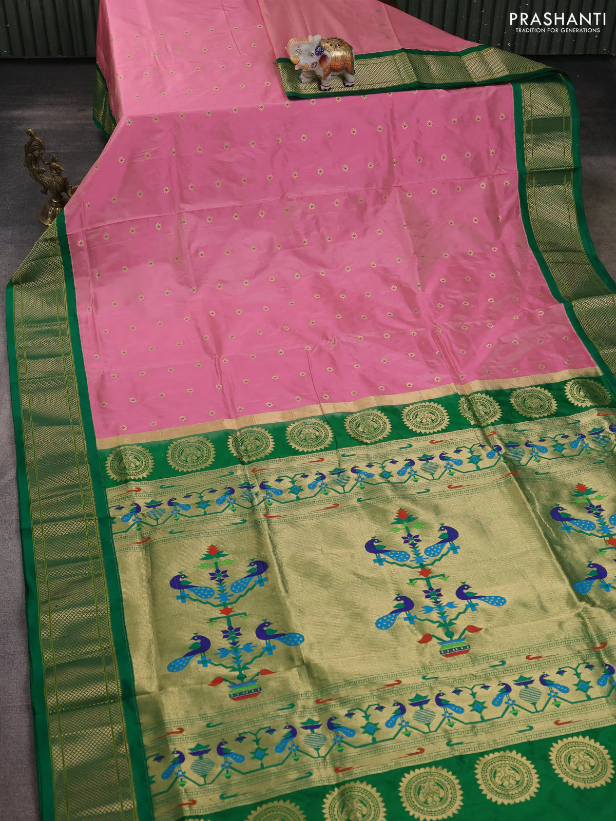 Pure paithani silk saree light pink and green with zari woven buttas and paithani weaving pallu - Image 2