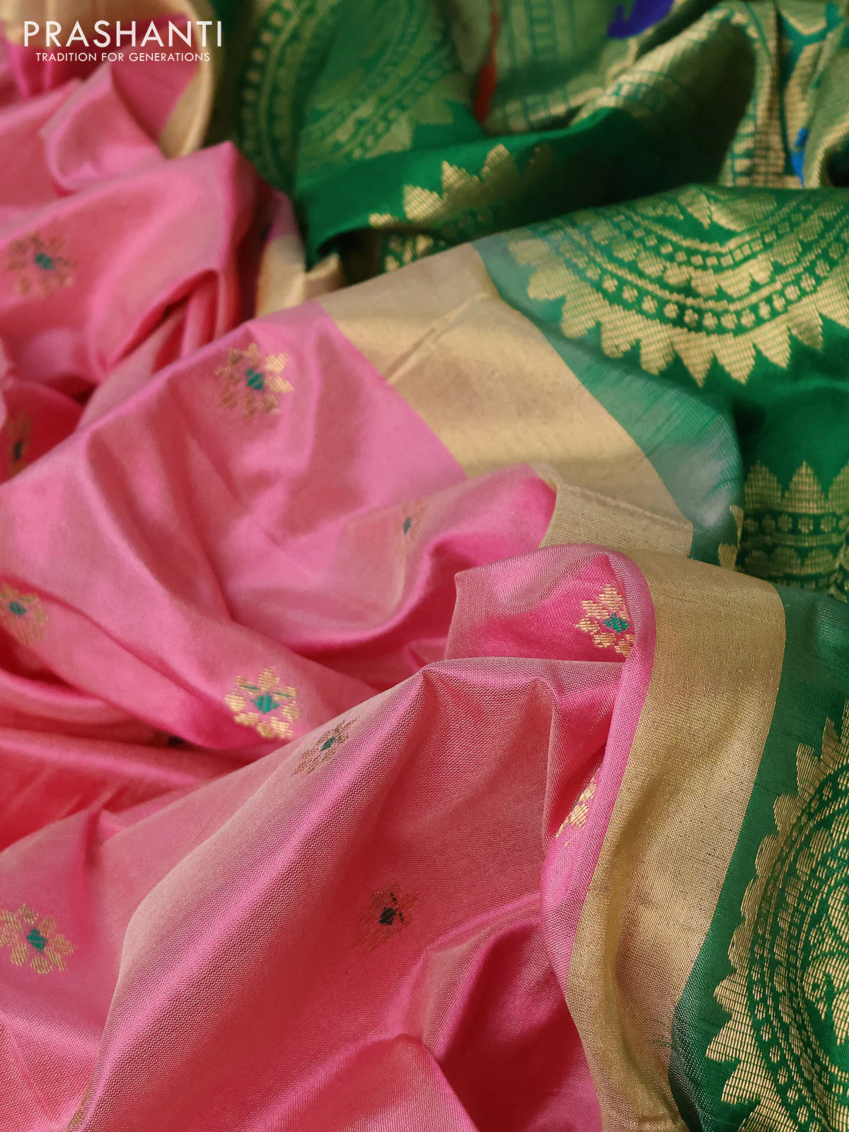 Pure paithani silk saree light pink and green with zari woven buttas and paithani weaving pallu - Image 3