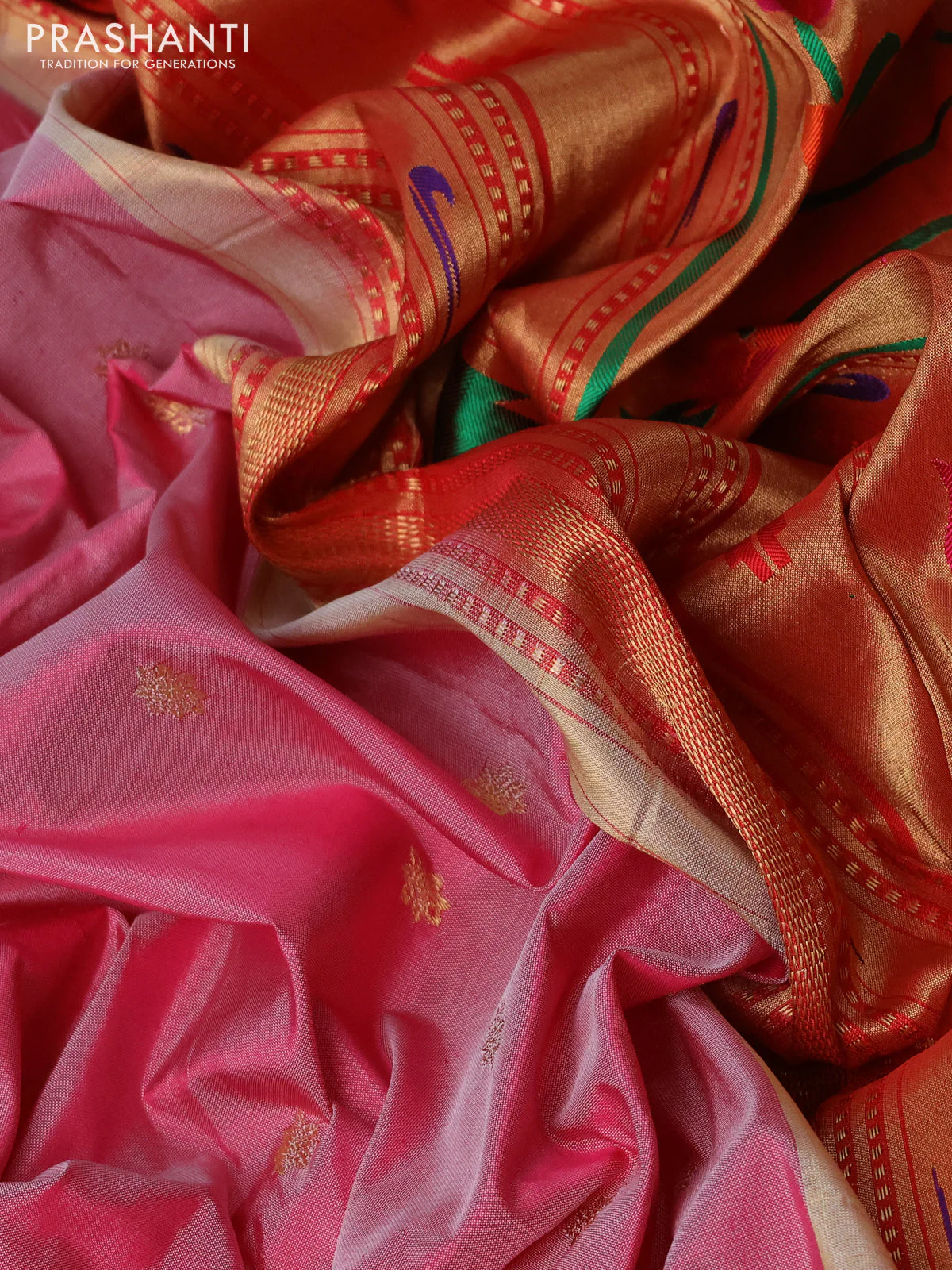 Pure paithani silk saree light pink and red with allover zari woven buttas and paithani weaving pallu - Image 3