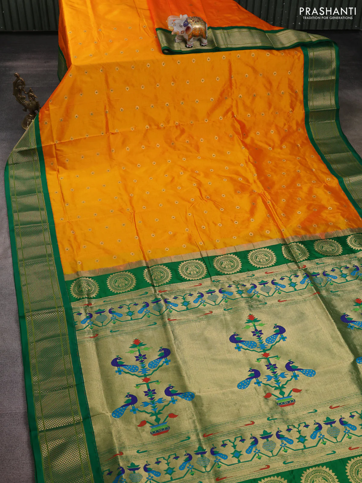 Pure paithani silk saree mango yellow and green with zari woven buttas and paithani weaving pallu - Image 2