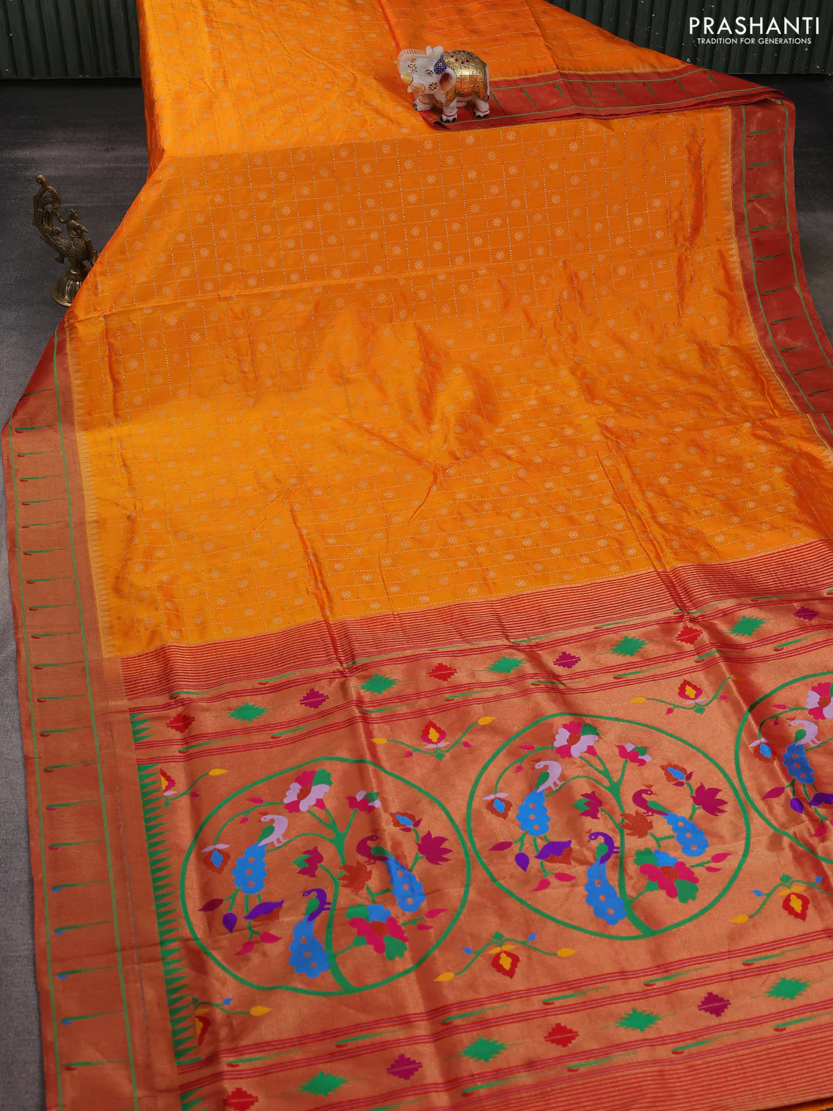 Pure paithani silk saree mango yellow and red with allover zari checks & buttas and zari woven muniya butta border - Image 2