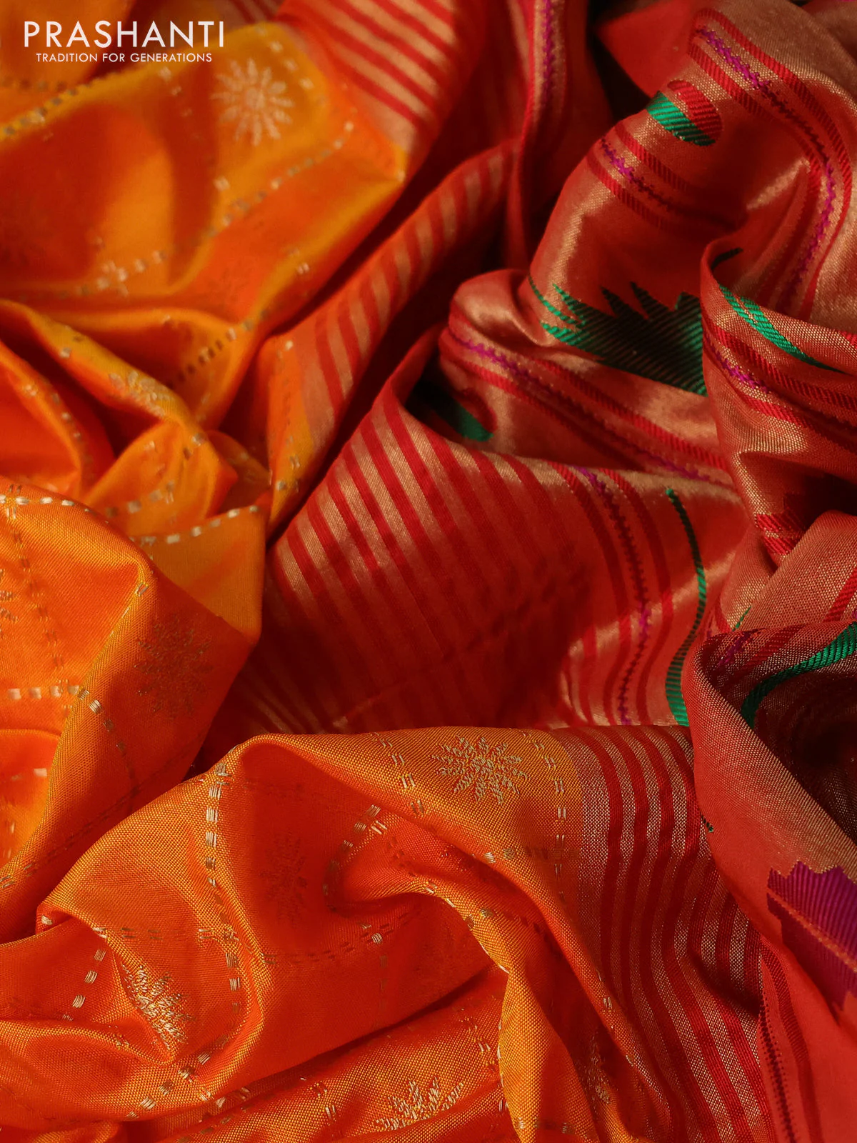 Pure paithani silk saree mango yellow and red with allover zari checks & buttas and zari woven muniya butta border - Image 3