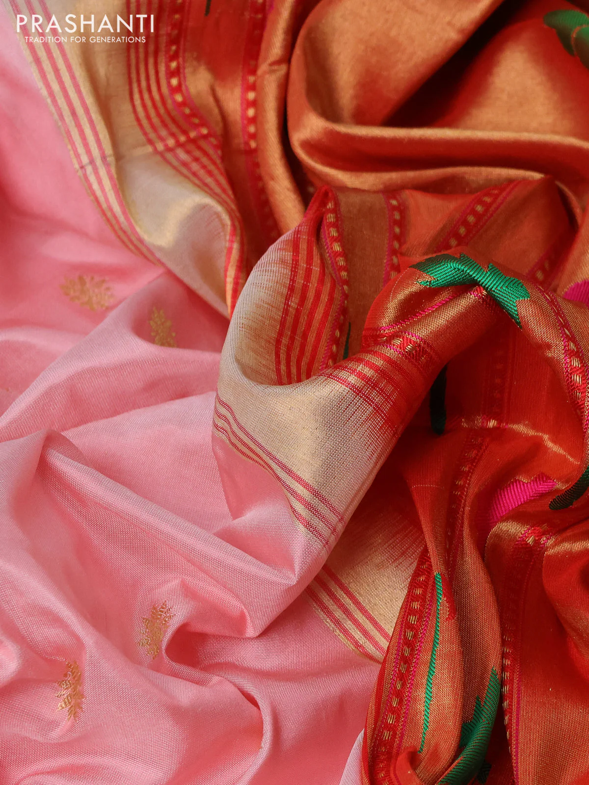 Pure paithani silk saree mild peach and red with allover zari woven buttas and zari woven muniya butta border - Image 3