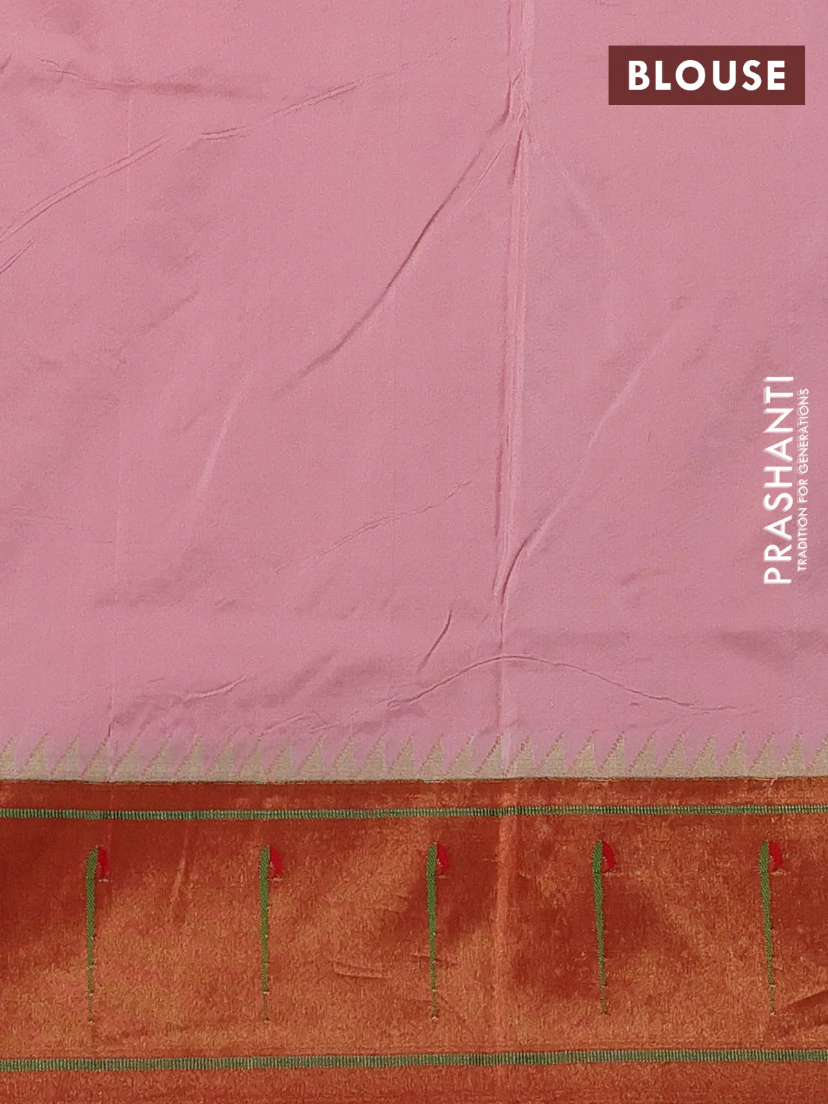 Pure paithani silk saree mild peach and red with allover zari woven buttas and zari woven muniya butta border - Image 4