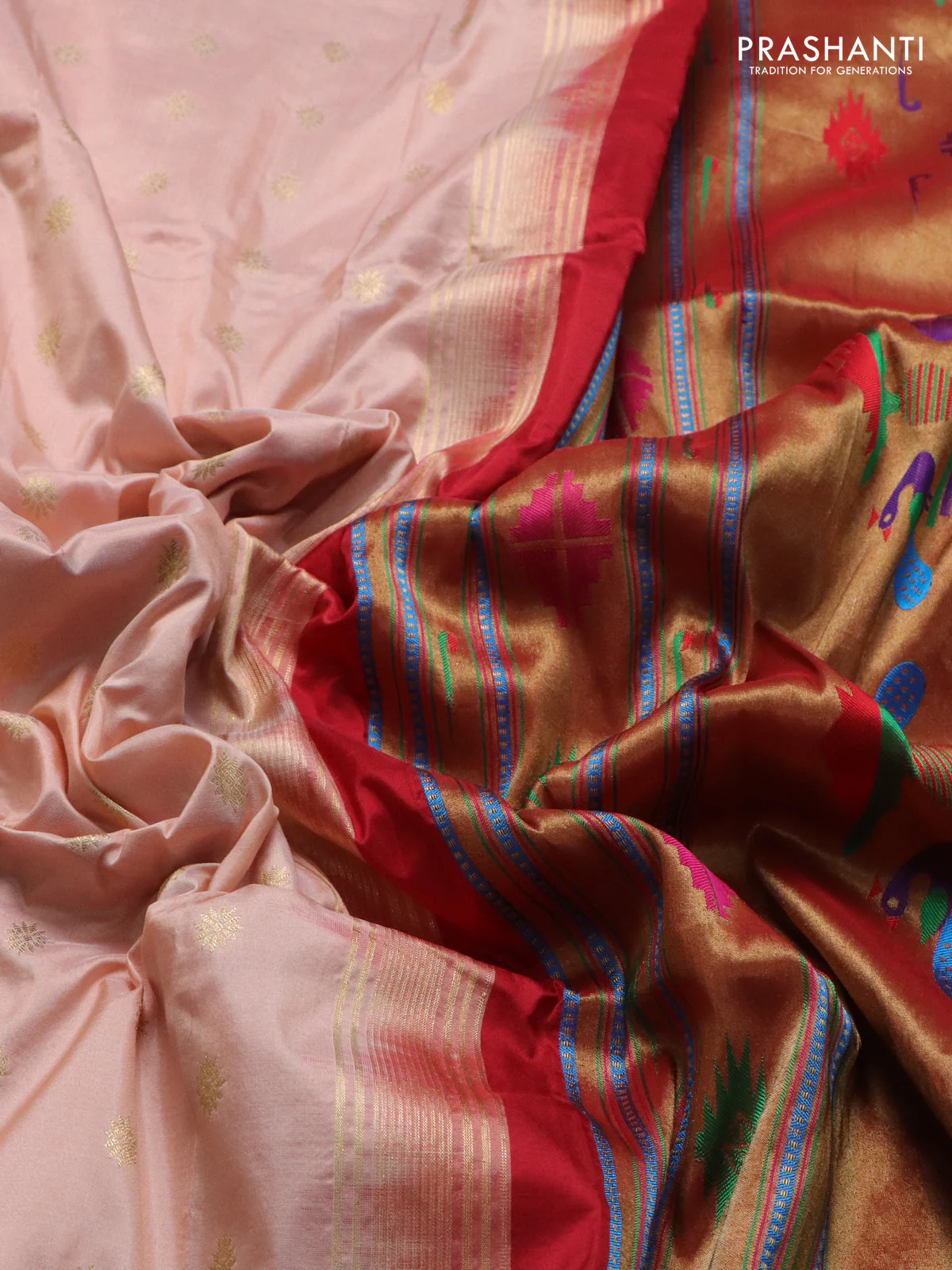 Pure paithani silk saree pale orange and red with zari woven buttas and zari woven korvai border - Image 3