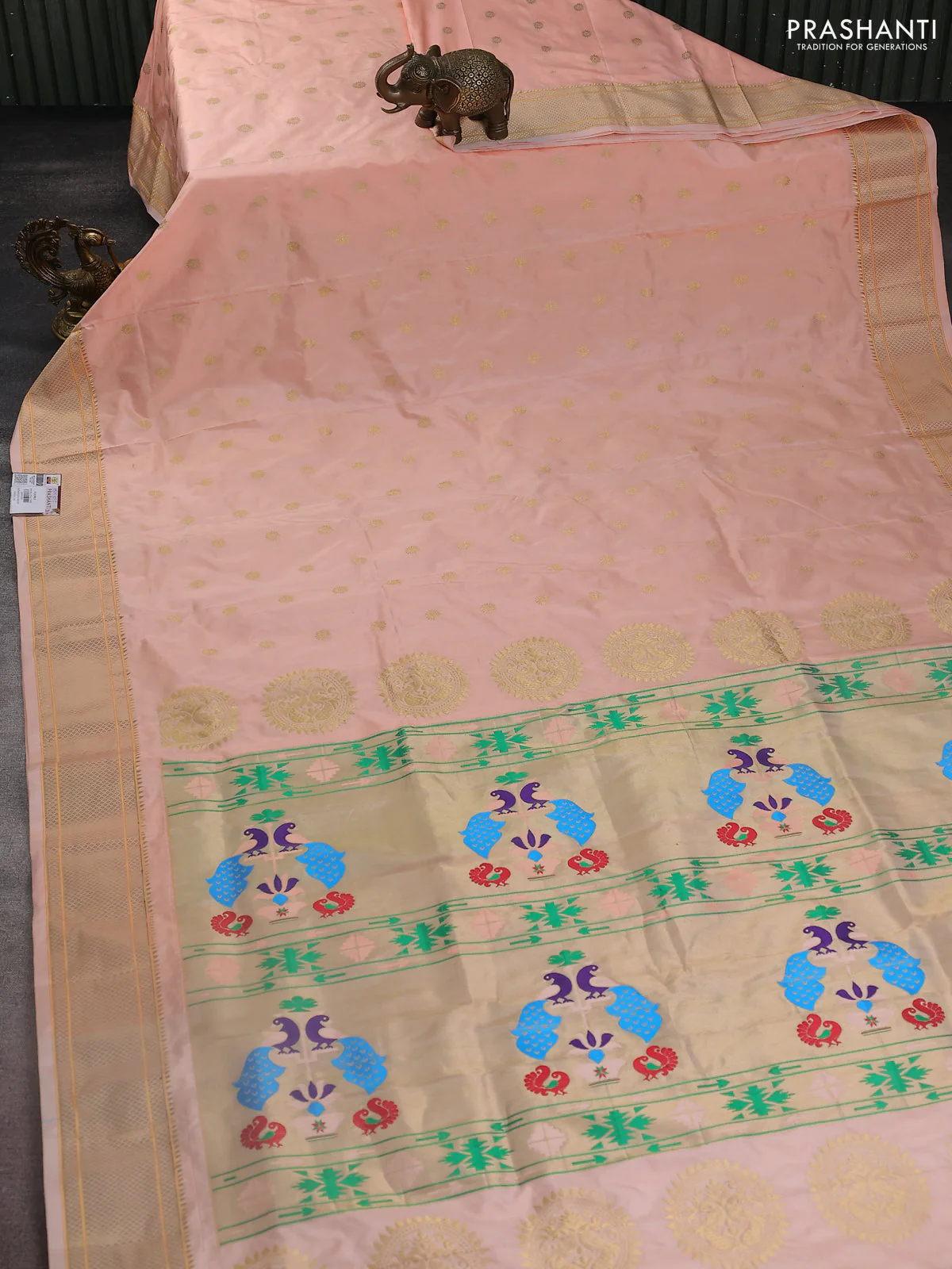 Pure paithani silk saree pale orange with zari woven buttas and zari woven border - Image 2