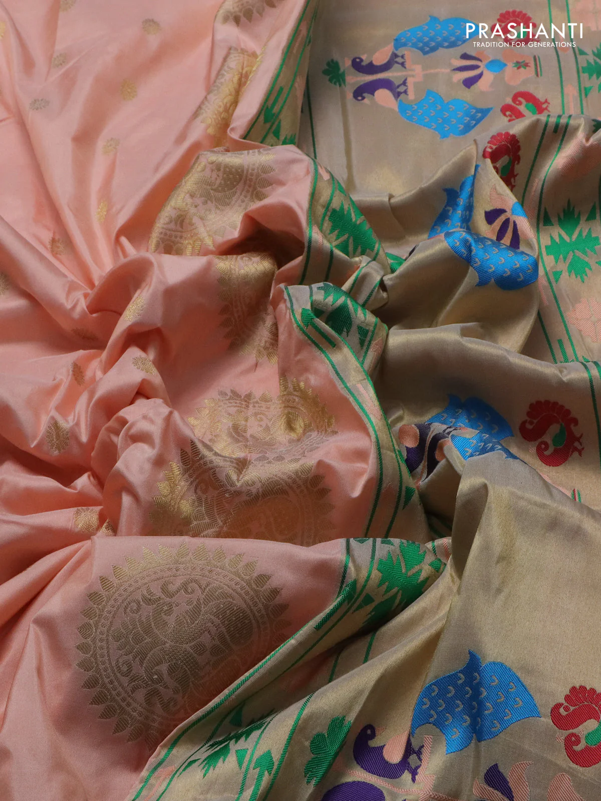 Pure paithani silk saree pale orange with zari woven buttas and zari woven border - Image 3