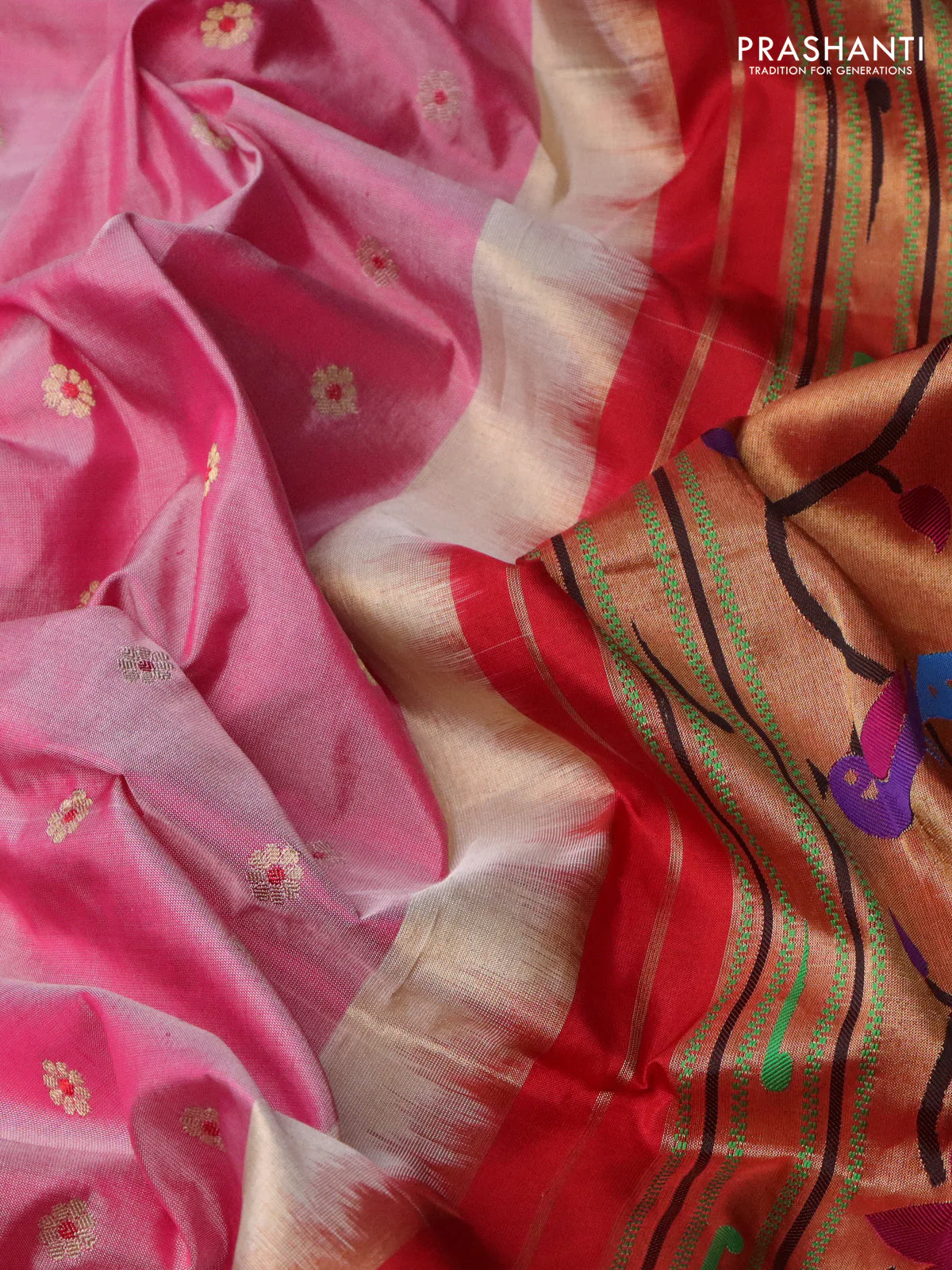 Pure paithani silk saree pastel pink and red with zari woven buttas and zari woven border - Image 3