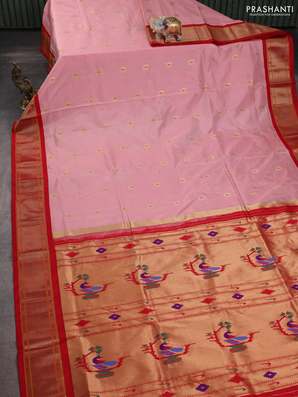 Pure paithani silk saree peach shade and red with allover annam zari woven buttas and paithani weaving pallu - Image 2