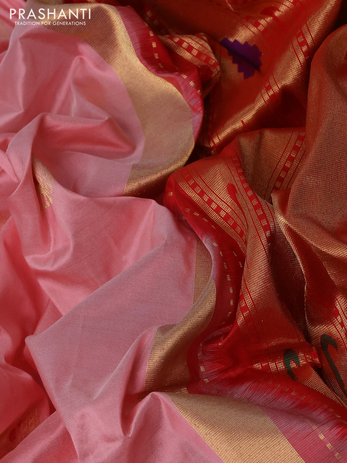 Pure paithani silk saree peach shade and red with allover annam zari woven buttas and paithani weaving pallu - Image 3