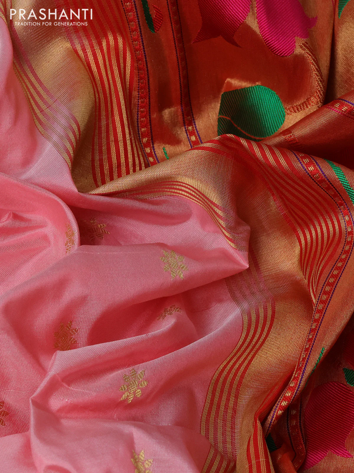 Pure paithani silk saree peach shade and red with allover zari woven buttas and paithani weaving pallu - Image 3
