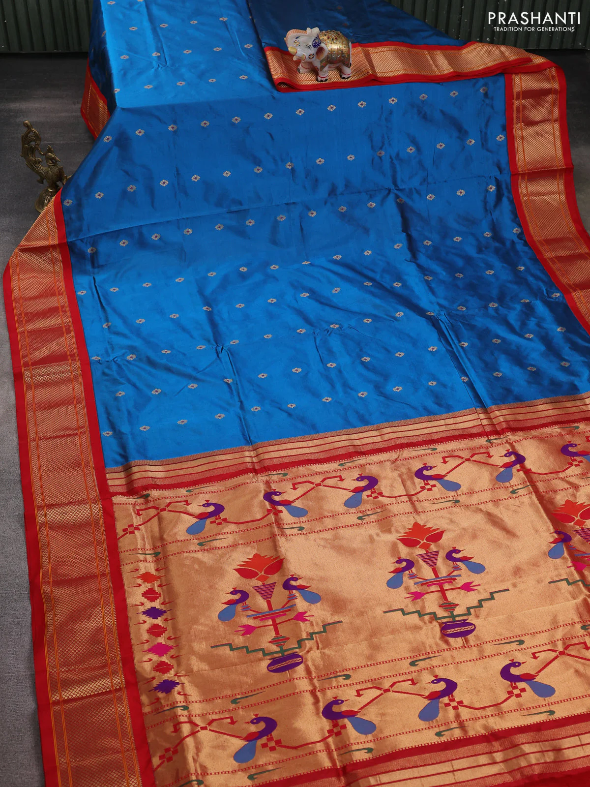 Pure paithani silk saree peacock blue and red with zari woven buttas and paithani weaving pallu - Image 2