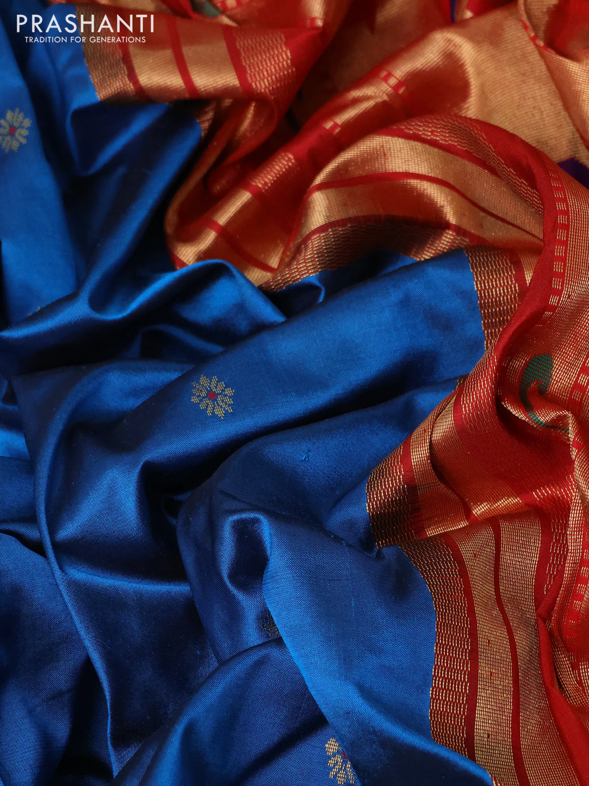 Pure paithani silk saree peacock blue and red with zari woven buttas and paithani weaving pallu - Image 3