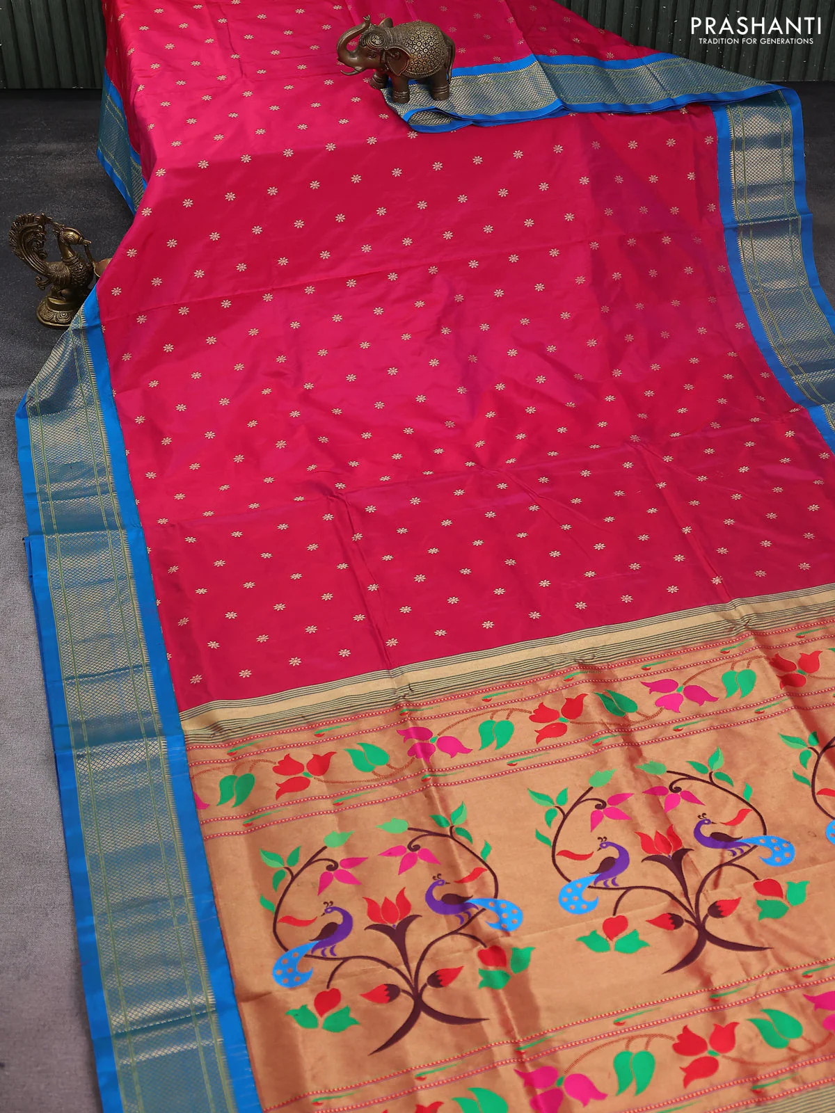 Pure paithani silk saree pink and blue with allover zari woven buttas and paithani weaving pallu - Image 2