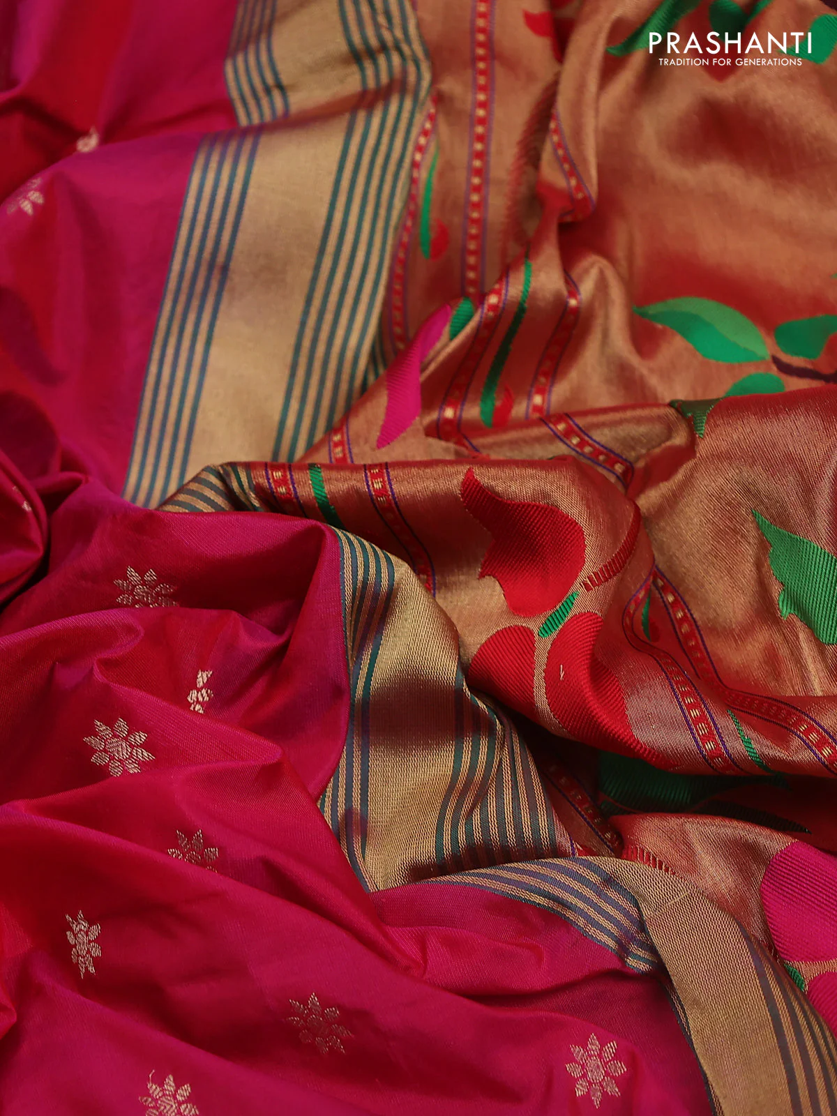 Pure paithani silk saree pink and blue with allover zari woven buttas and paithani weaving pallu - Image 3