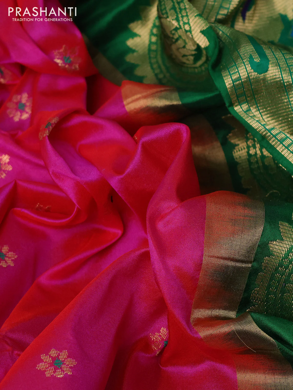 Pure paithani silk saree pink and green with allover floral zari woven buttas and paithani weaving pallu - Image 3