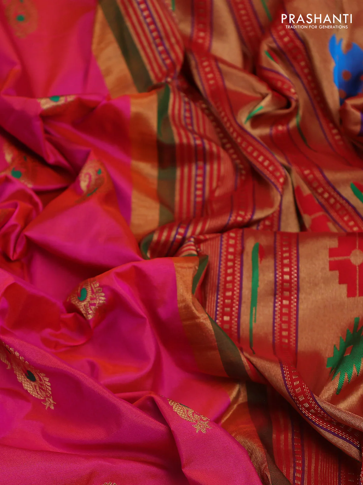 Pure paithani silk saree pink and green with allover zari woven paisley buttas and paithani weaving pallu - Image 3
