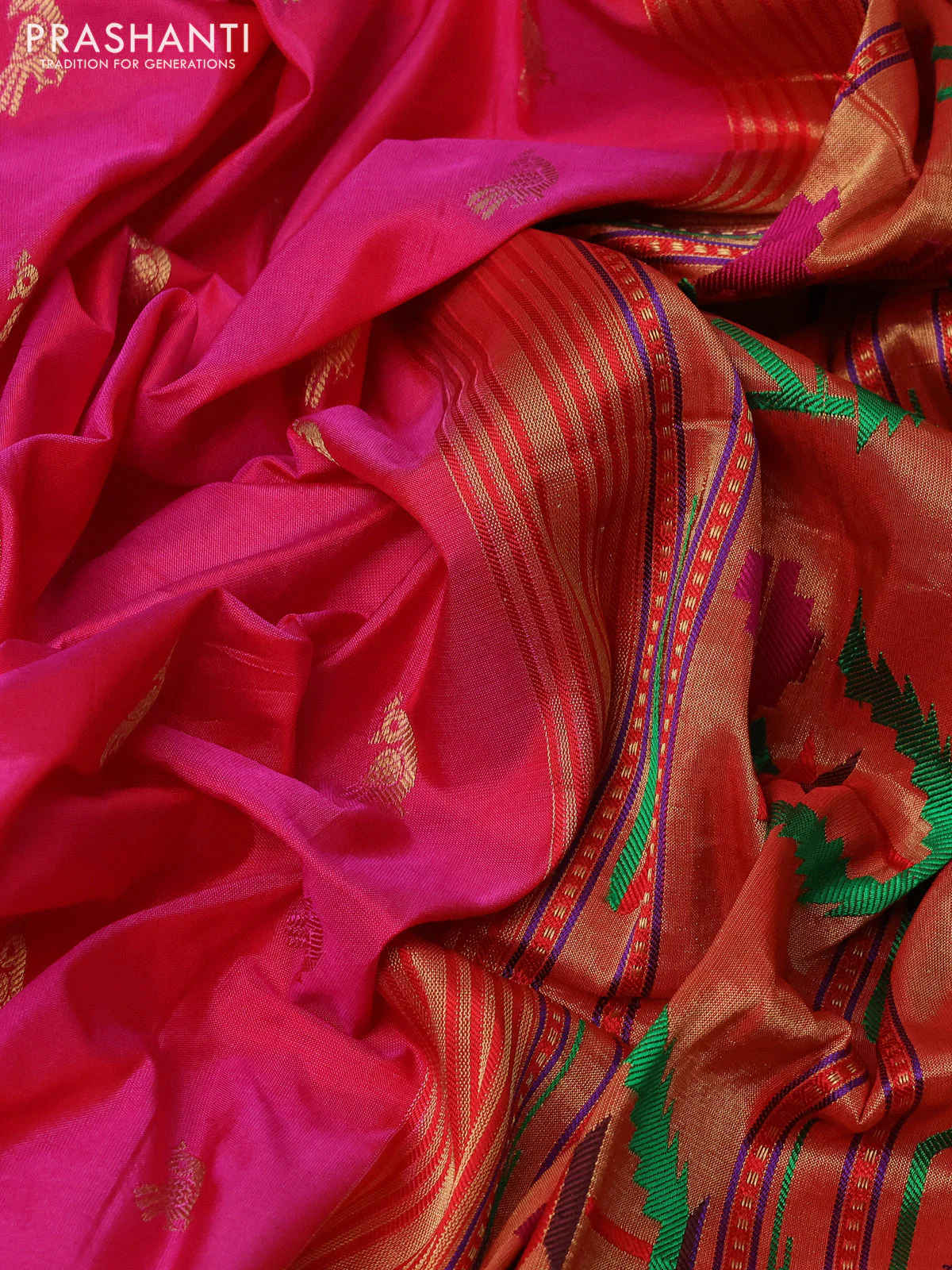 Pure paithani silk saree pink and red with allover peacock zari woven buttas and zari woven muniya butta border - Image 3