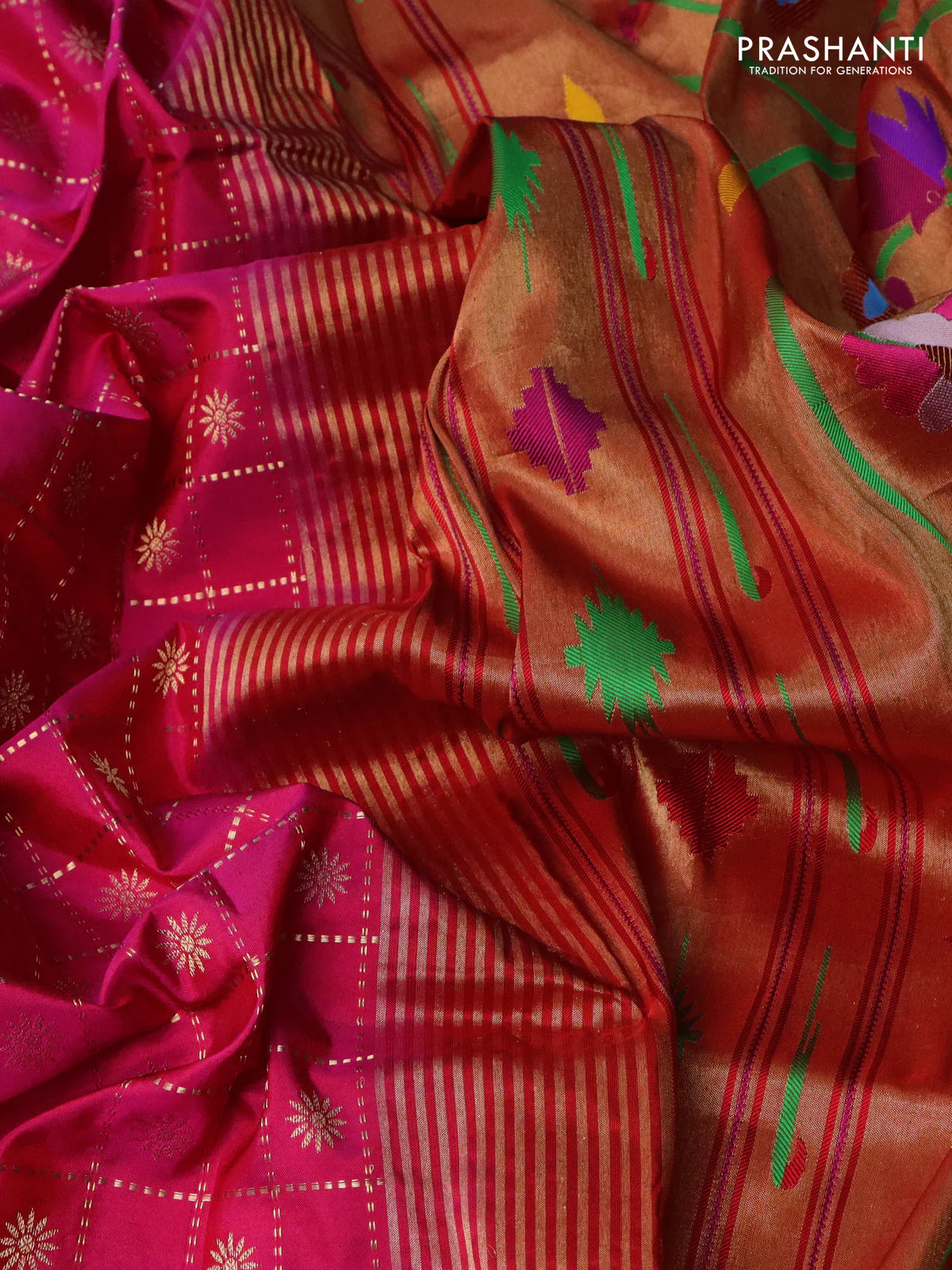 Pure paithani silk saree pink and red with allover zari checks & buttas and muniya butta border - Image 3