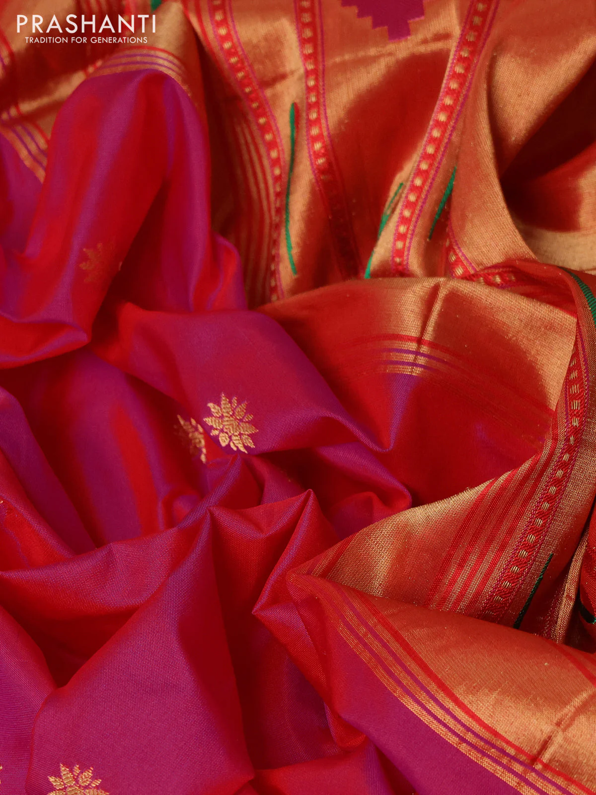 Pure paithani silk saree pink and red with allover zari woven buttas and zari woven muniya butta border - Image 3