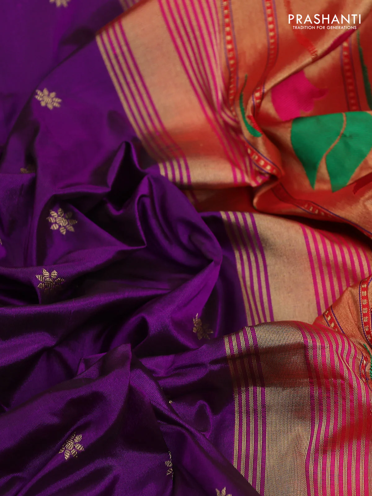 Pure paithani silk saree purple and pink with allover zari woven floral buttas and paithani weaving pallu - Image 3