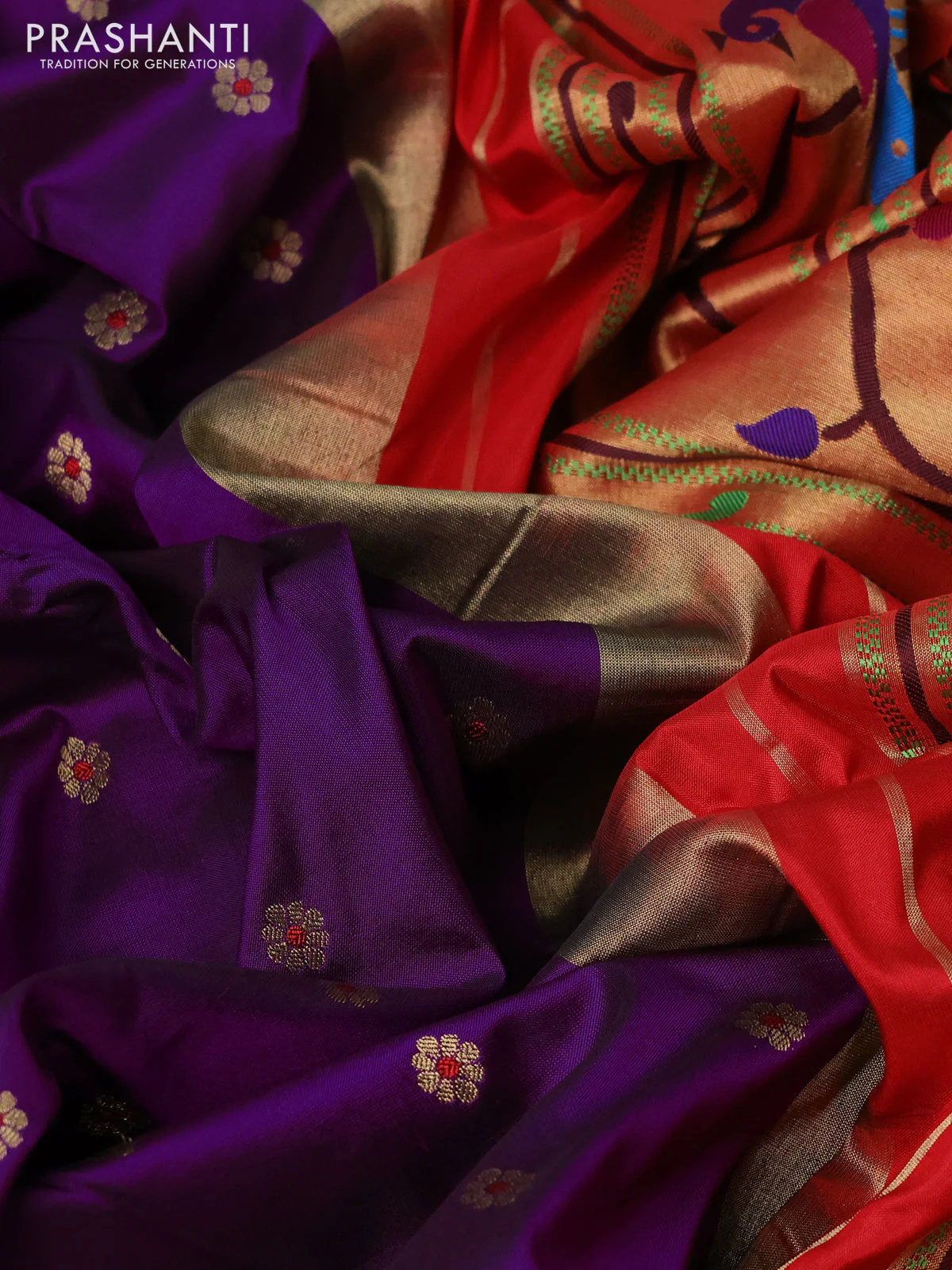 Pure paithani silk saree purple and red with allover floral zari woven buttas and paithani weaving pallu - Image 3