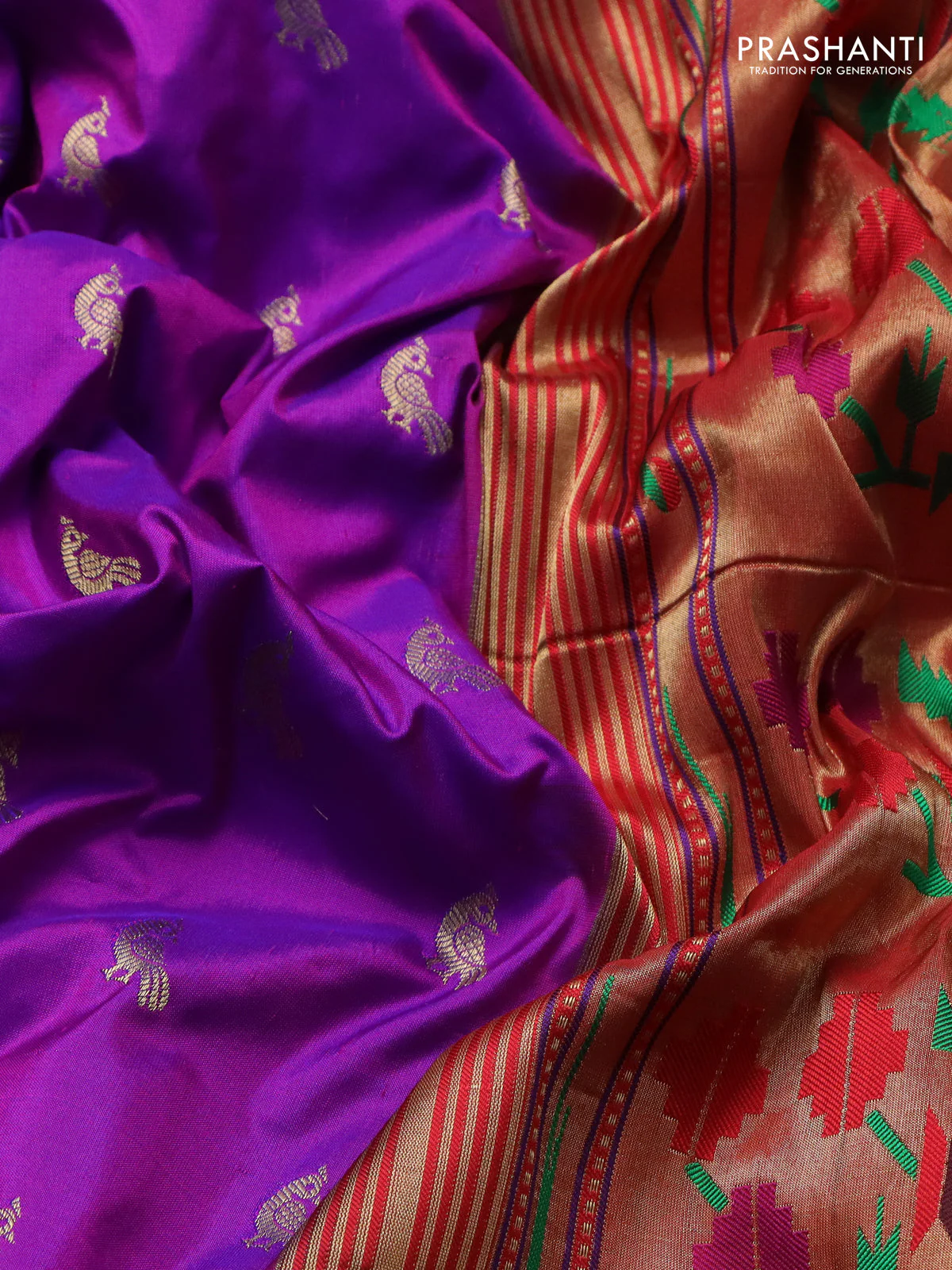 Pure paithani silk saree purple and red with allover peacock zari woven buttas and zari woven muniya butta border - Image 3