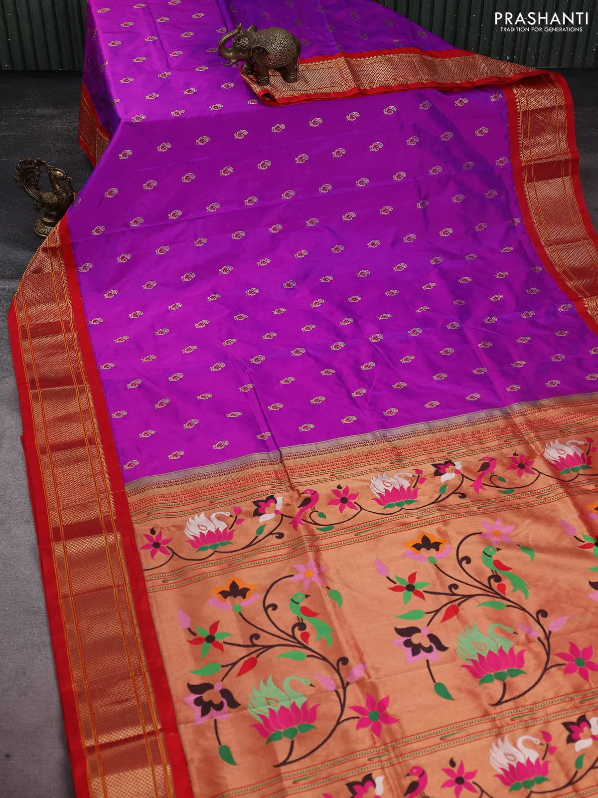 Pure paithani silk saree purple and red with allover zari woven annam buttas and paithani weaving pallu - Image 2