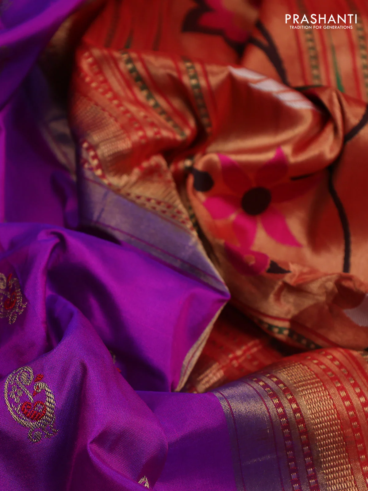 Pure paithani silk saree purple and red with allover zari woven annam buttas and paithani weaving pallu - Image 3