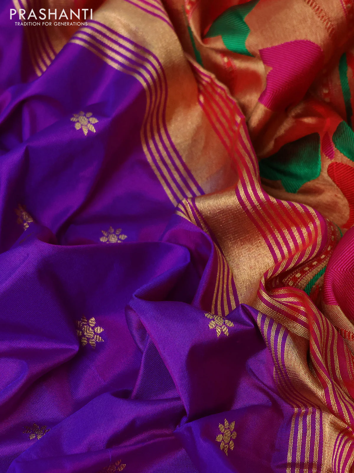 Pure paithani silk saree purple and red with allover zari woven buttas and paithani weaving pallu - Image 3